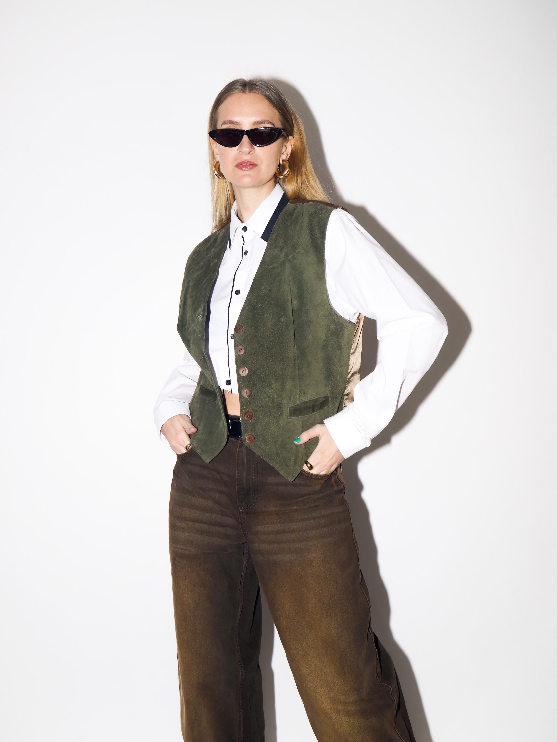 VINTAGE Bottle Green Suede Leather Vest from 1980s by Kippie®