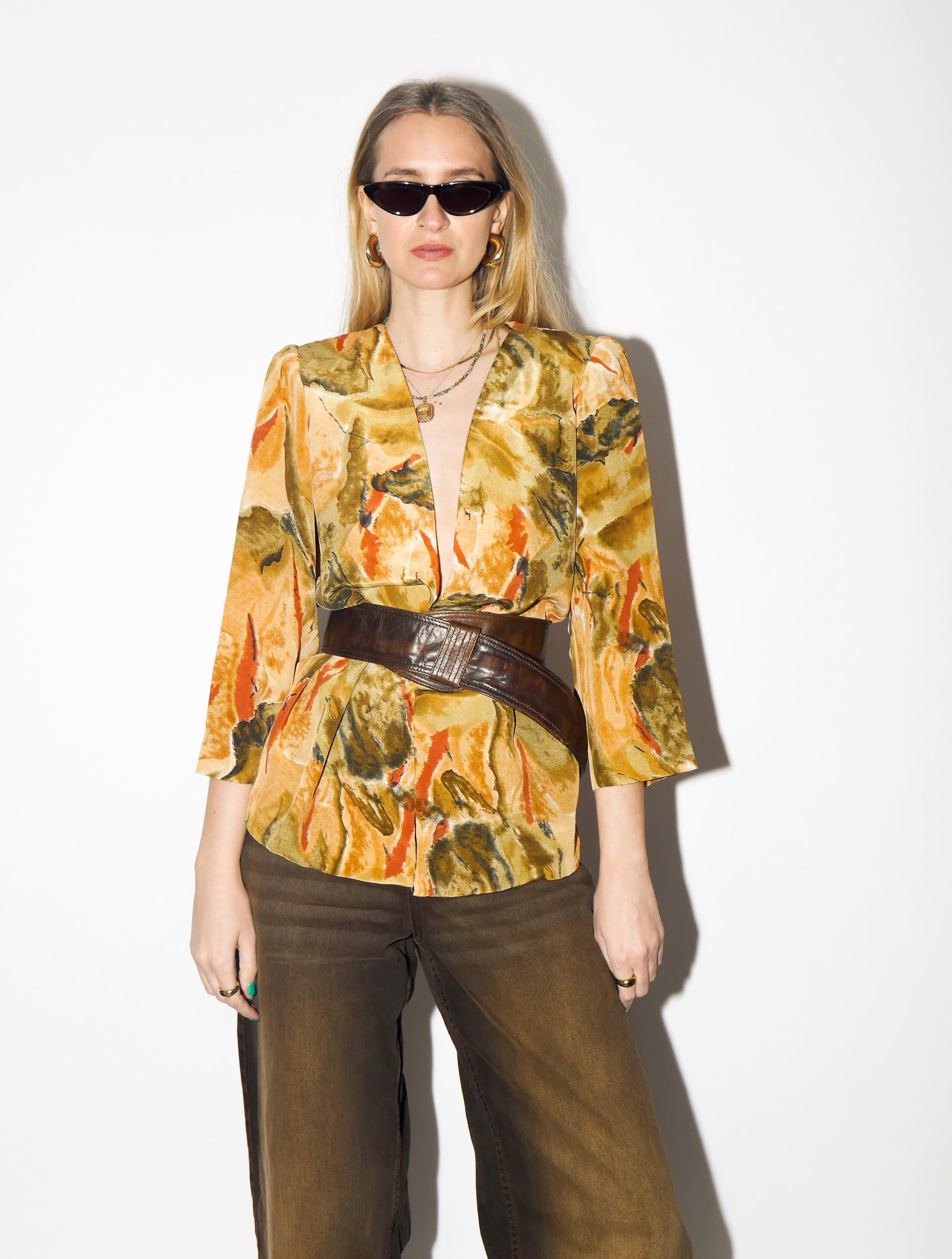 VINTAGE Yellow Abstract Blouse from 1980s | Open Front Flowy Orange Blouse