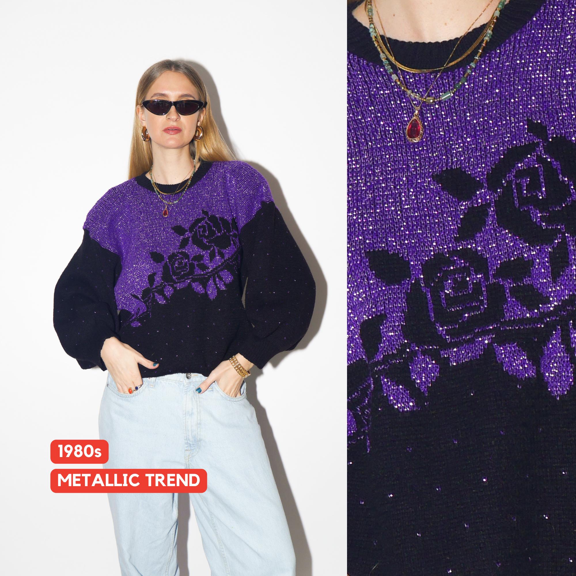 VINTAGE purple metalic sweater from 1980s in floral pattern and oversize fit
