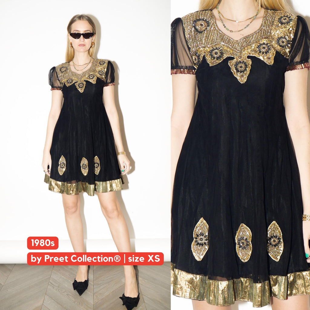 VINTAGE Black Tulle Mini Dress with Gold Embroidery | vintage Preet Collection®