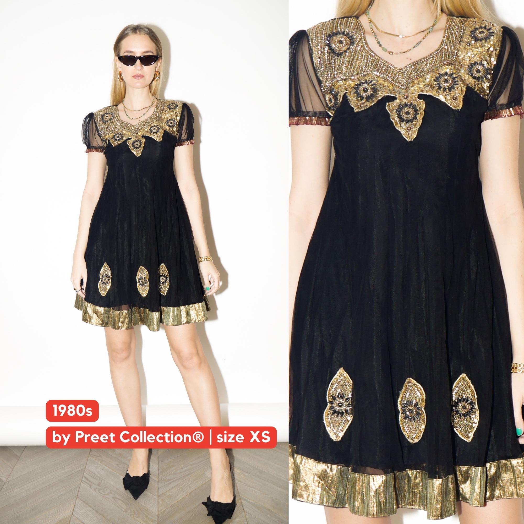 VINTAGE Black Tulle Mini Dress with Gold Embroidery | vintage Preet Collection®