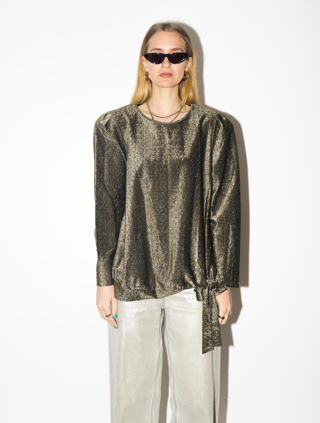 VINTAGE Gold Metallic Blouse from 1980s | Bow Detail & Big Shoulder Pads Blouse