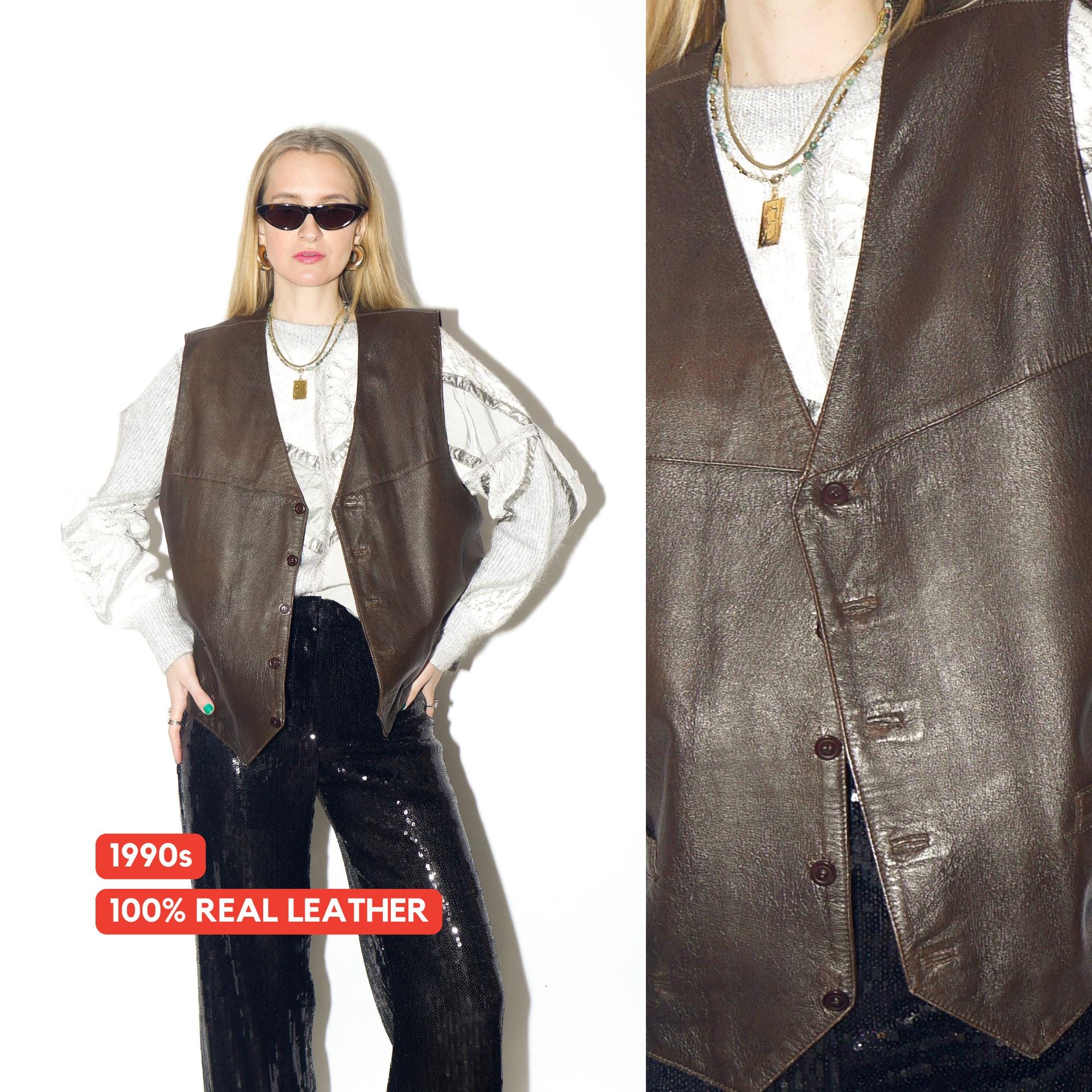 VINTAGE brown leather vest from 1990s from soft leather in oversize fit