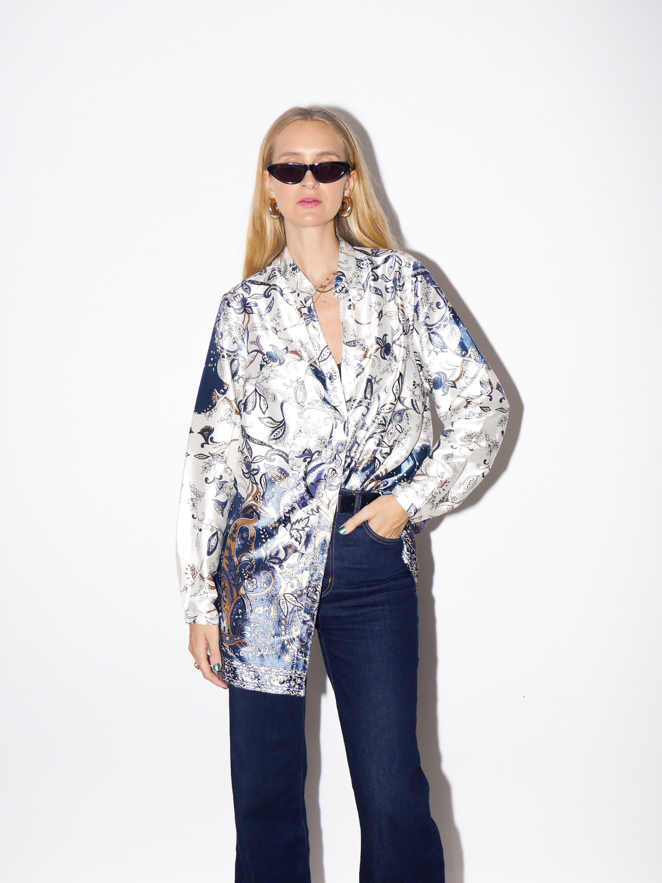 1980s Retro Patterned Pyjama Shirt - Vintage Long Sleeved Shiny Shirt, Oversize Fit Pajamacore Shirt, Retro Fashion Clothing for Women