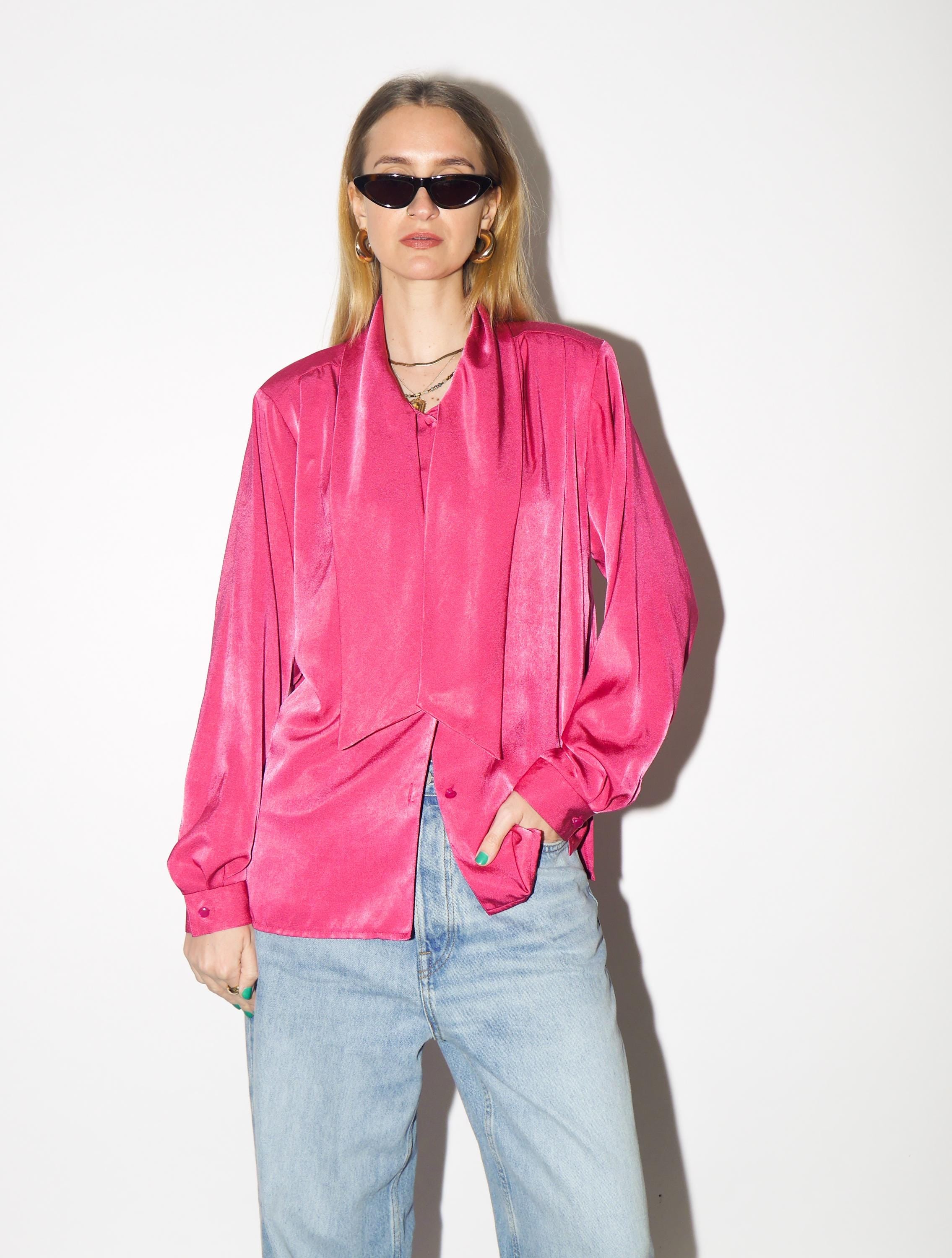 VINTAGE Pink Blouse from 1980s | Deep Pink Shiny Oversize Shirt by Anne Sofie®