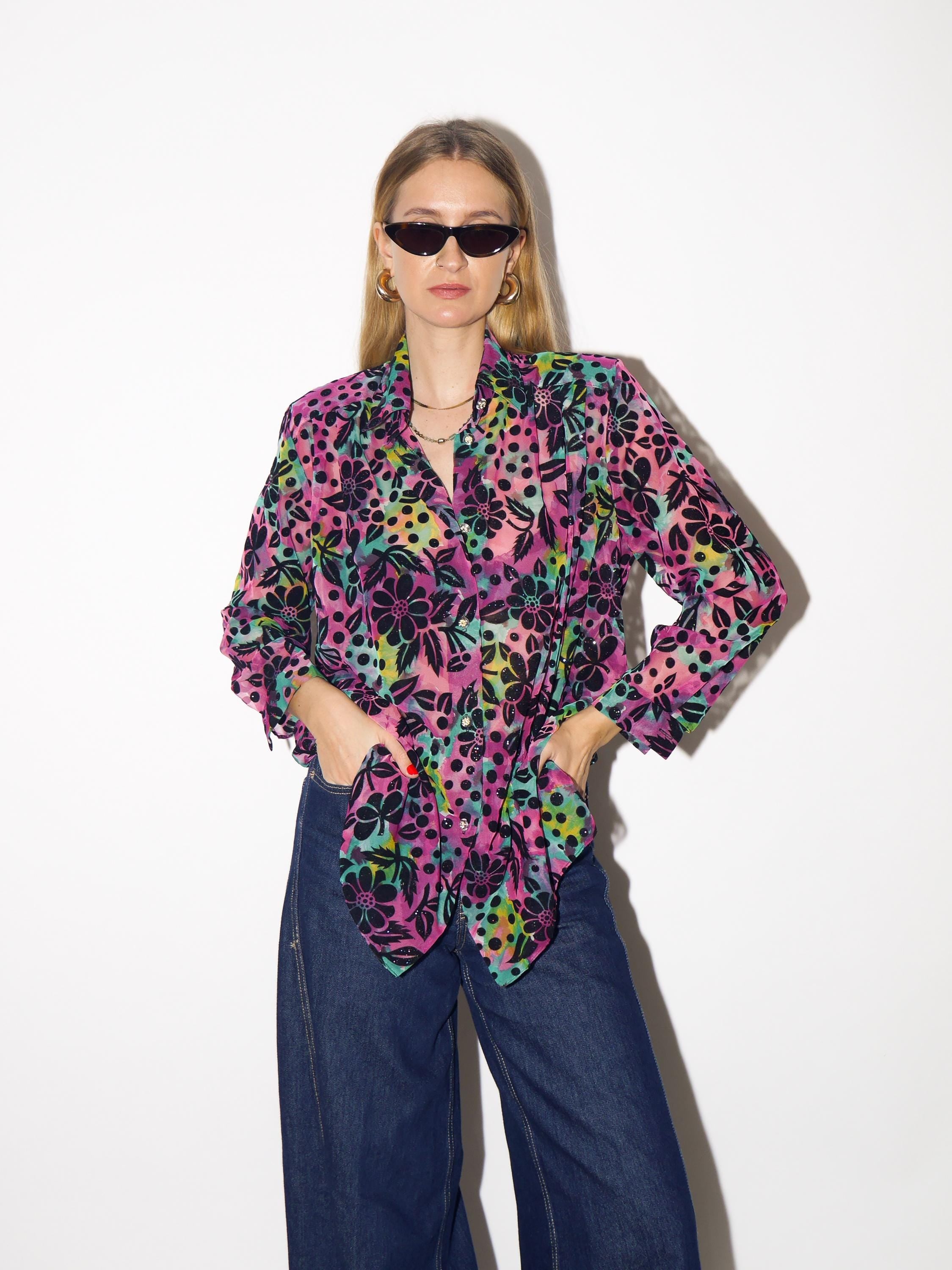 VINTAGE glitter blouse with purple floral pattern and sheer fabric from 1980s