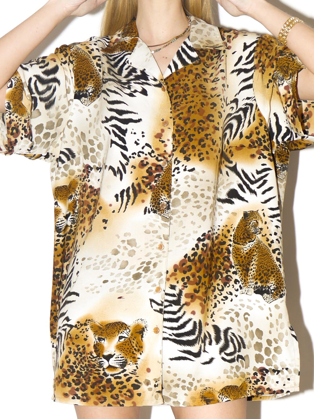 VINTAGE Animal Print Mini Dress from 1980s | Shirt Dress with Short Sleeves