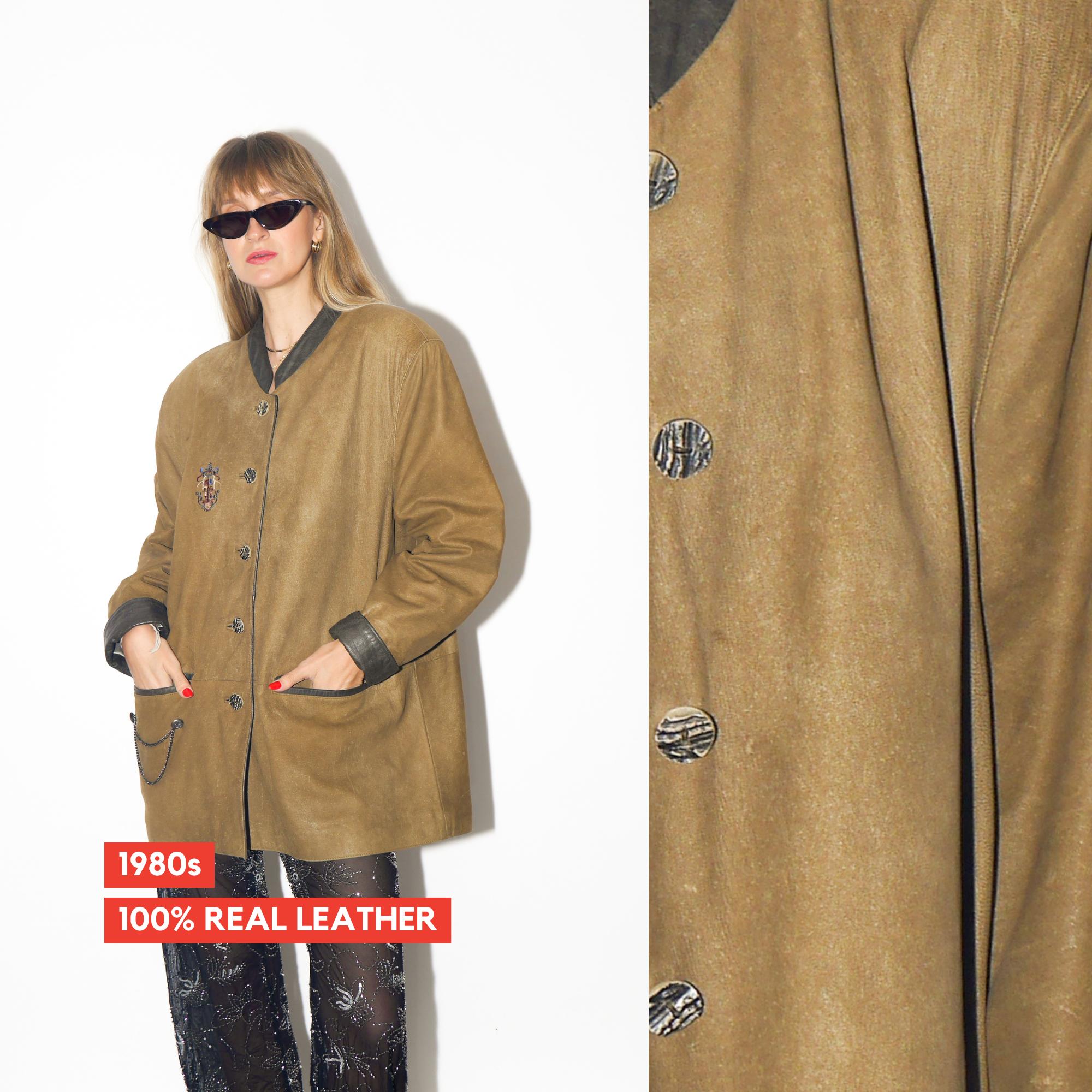 VINTAGE Khaki Brown Matte Leather Jacket With Embroidery From The 1980s by Leather Sound