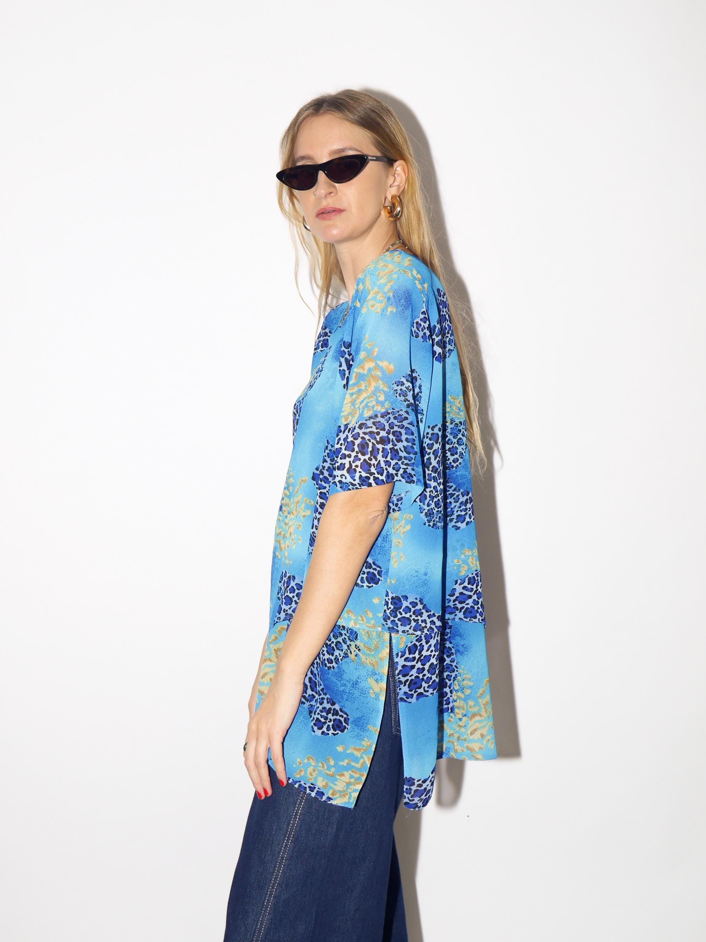 VINTAGE blue cheetah blouse, sheer oversized animal print blouse from 1980s