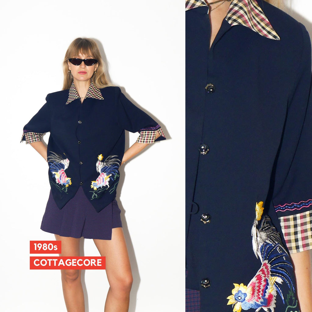 VINTAGE Dark Navy Embroidered Blouse With Rooster Motif And Glitter Buttons From The 1980s