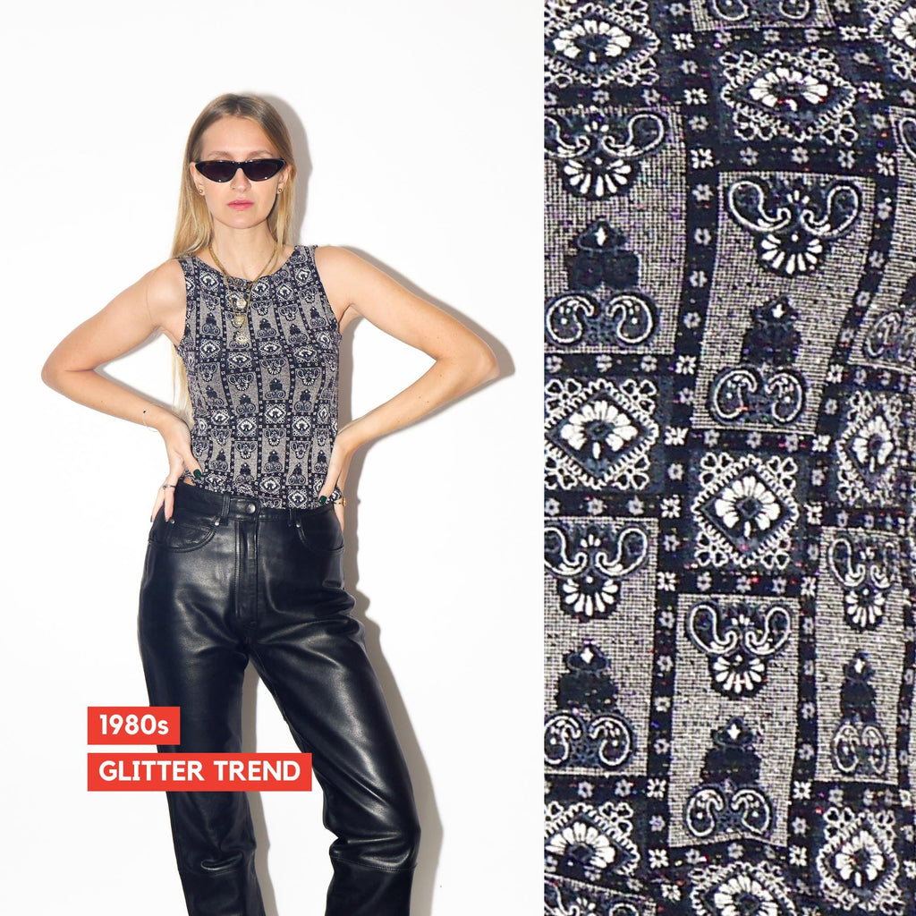 VINTAGE Black Glittery Sleeveless Tank Top With Structural Pattern From The 1980s