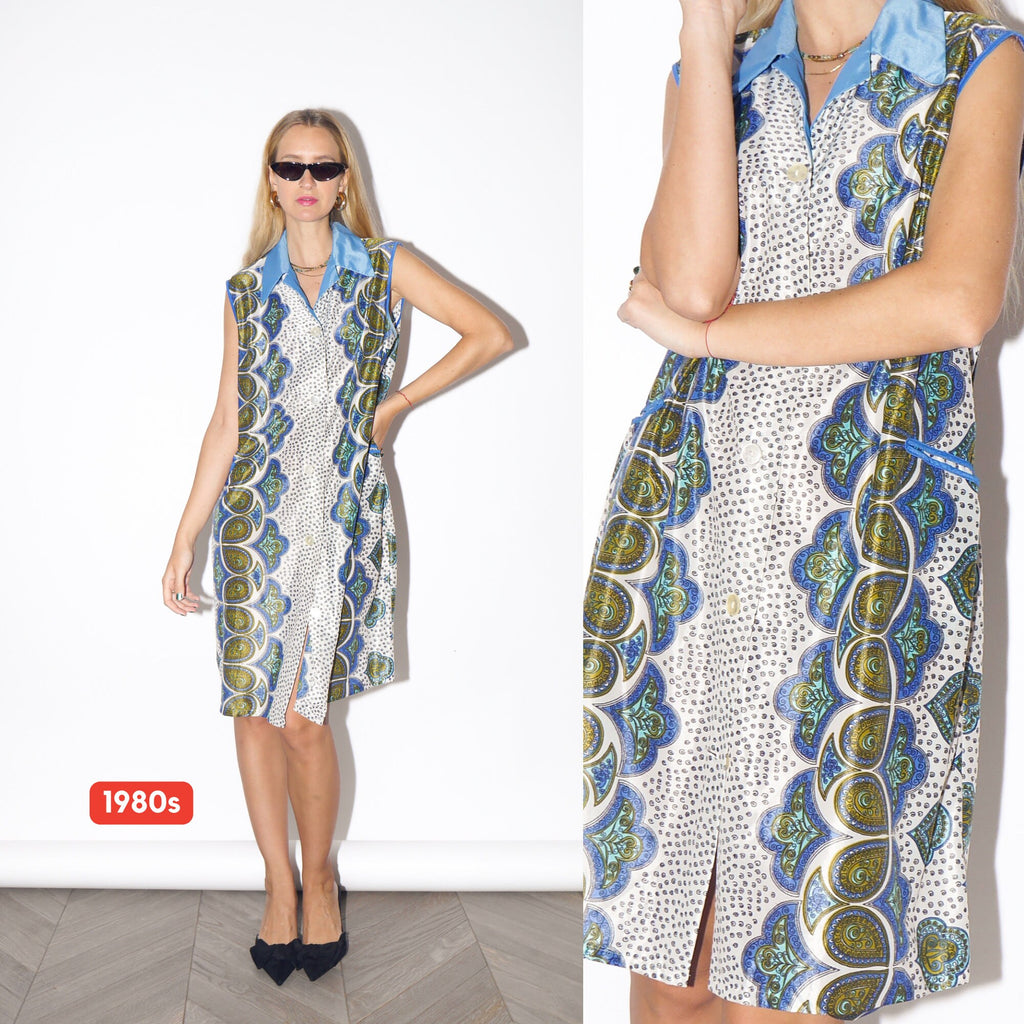 VINTAGE blue/cobalt/white semi sheer dress from 1980s | sleeveless buttoned dress with two front pockets in lovely blue cobalt pattern