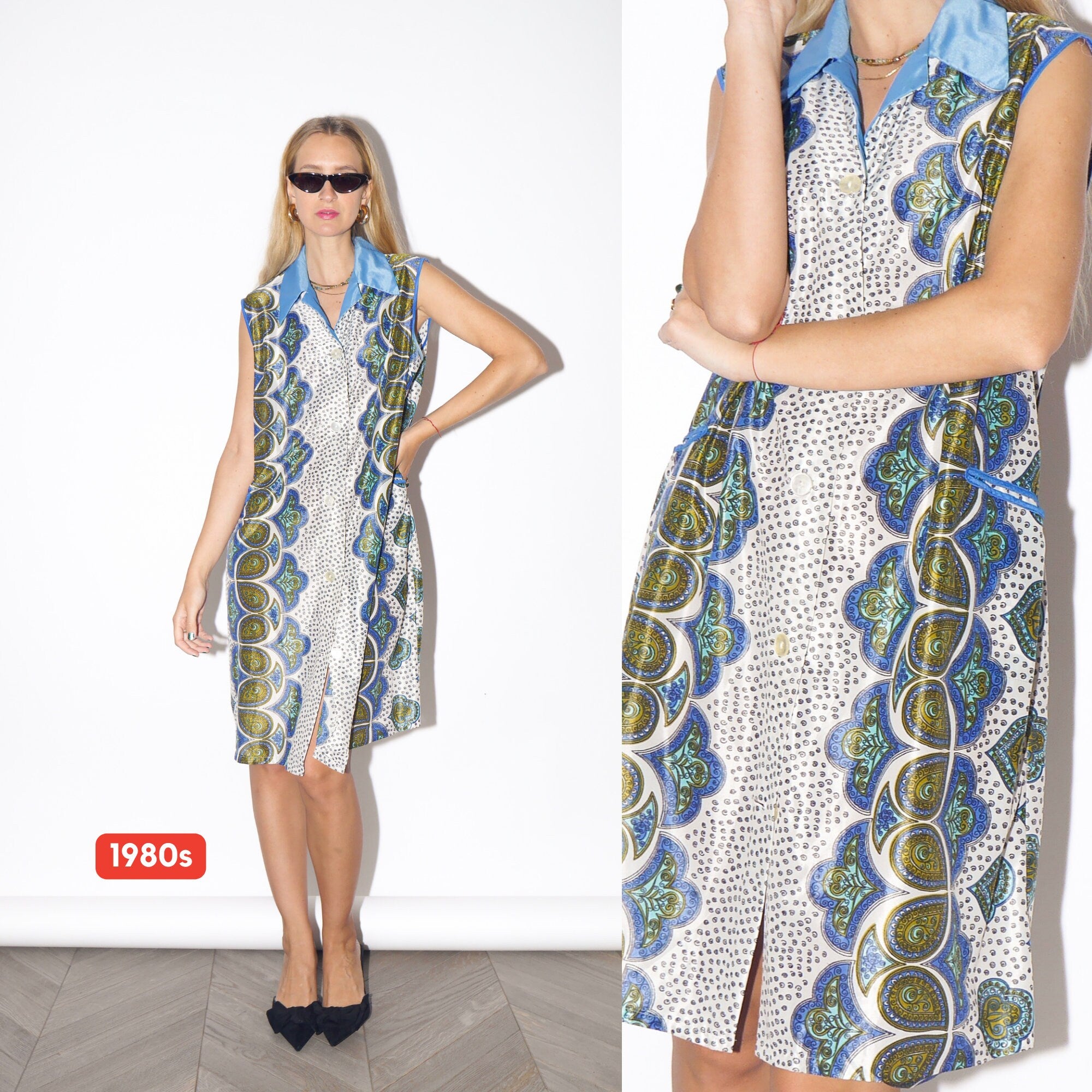 VINTAGE blue/cobalt/white semi sheer dress from 1980s | sleeveless buttoned dress with two front pockets in lovely blue cobalt pattern