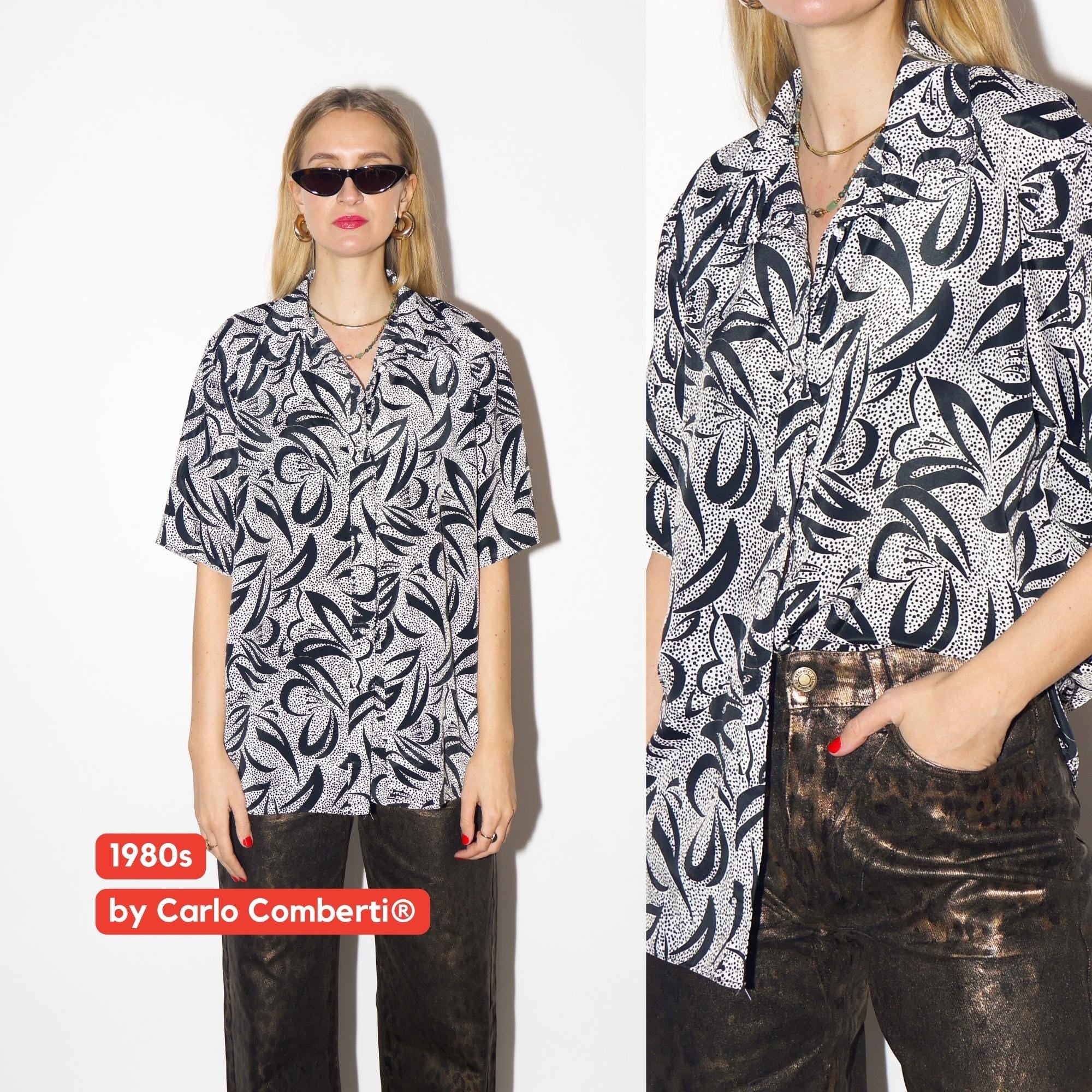 VINTAGE blouse with short sleeve in black and white polka dot print from 1980s