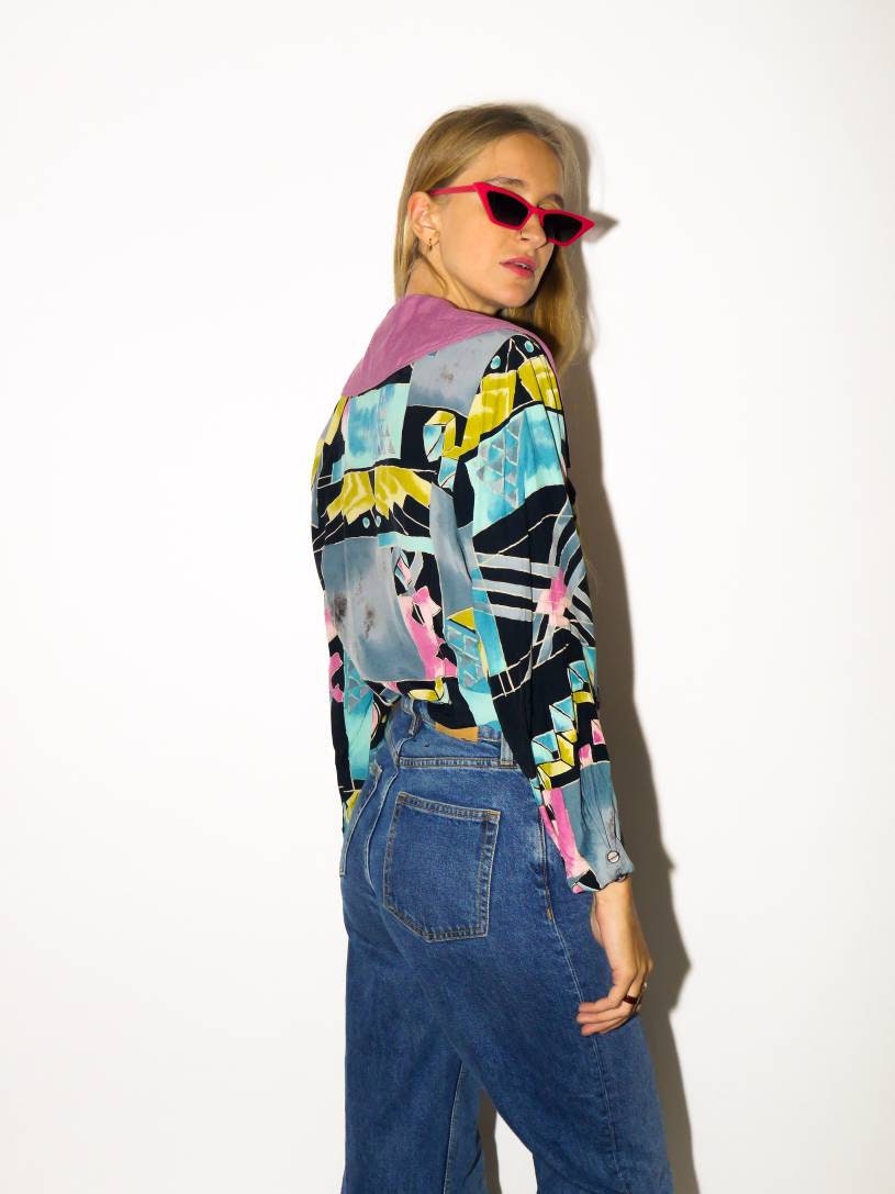 VINTAGE viscose blouse from 1980s | retro black, purple, green, blue abstract print double-breasted buttoned blouse by Kulbach®