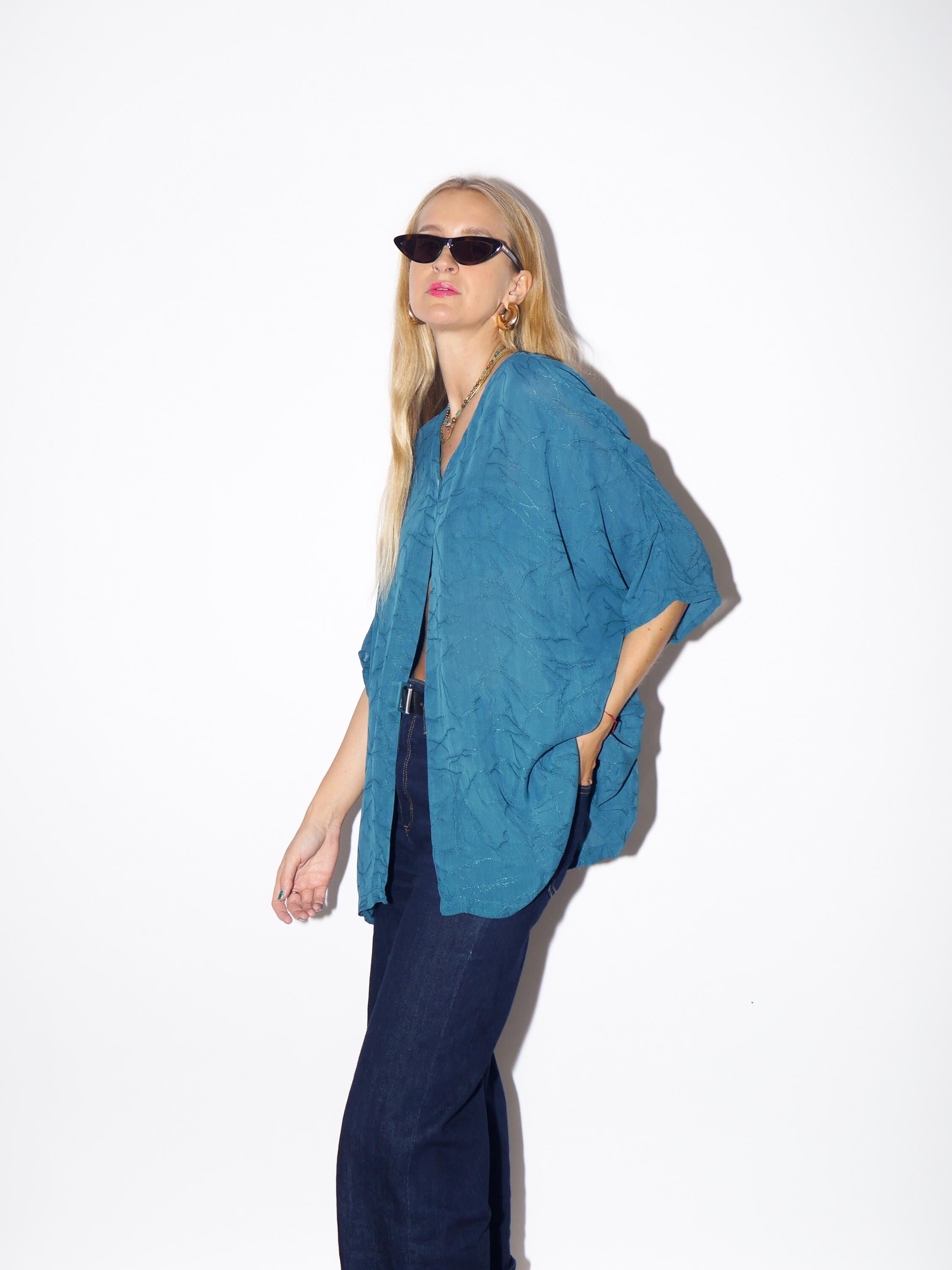 1970s Viscose Blouse - Vintage Turquoise Blue Blouse, Wavy Wrinkled Fabric Shirt, Retro Fashion Clothing for Women