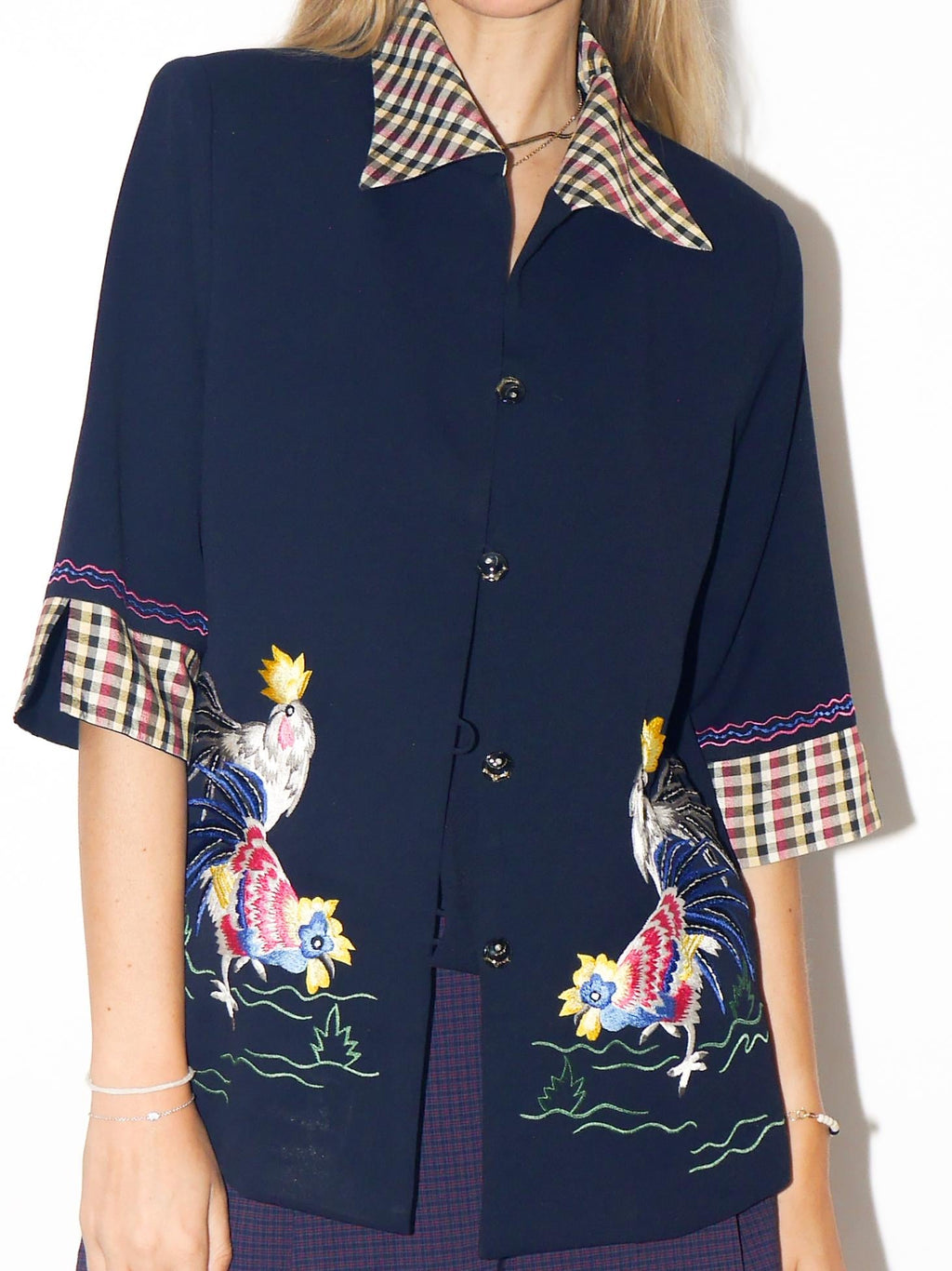 VINTAGE Dark Navy Embroidered Blouse With Rooster Motif And Glitter Buttons From The 1980s