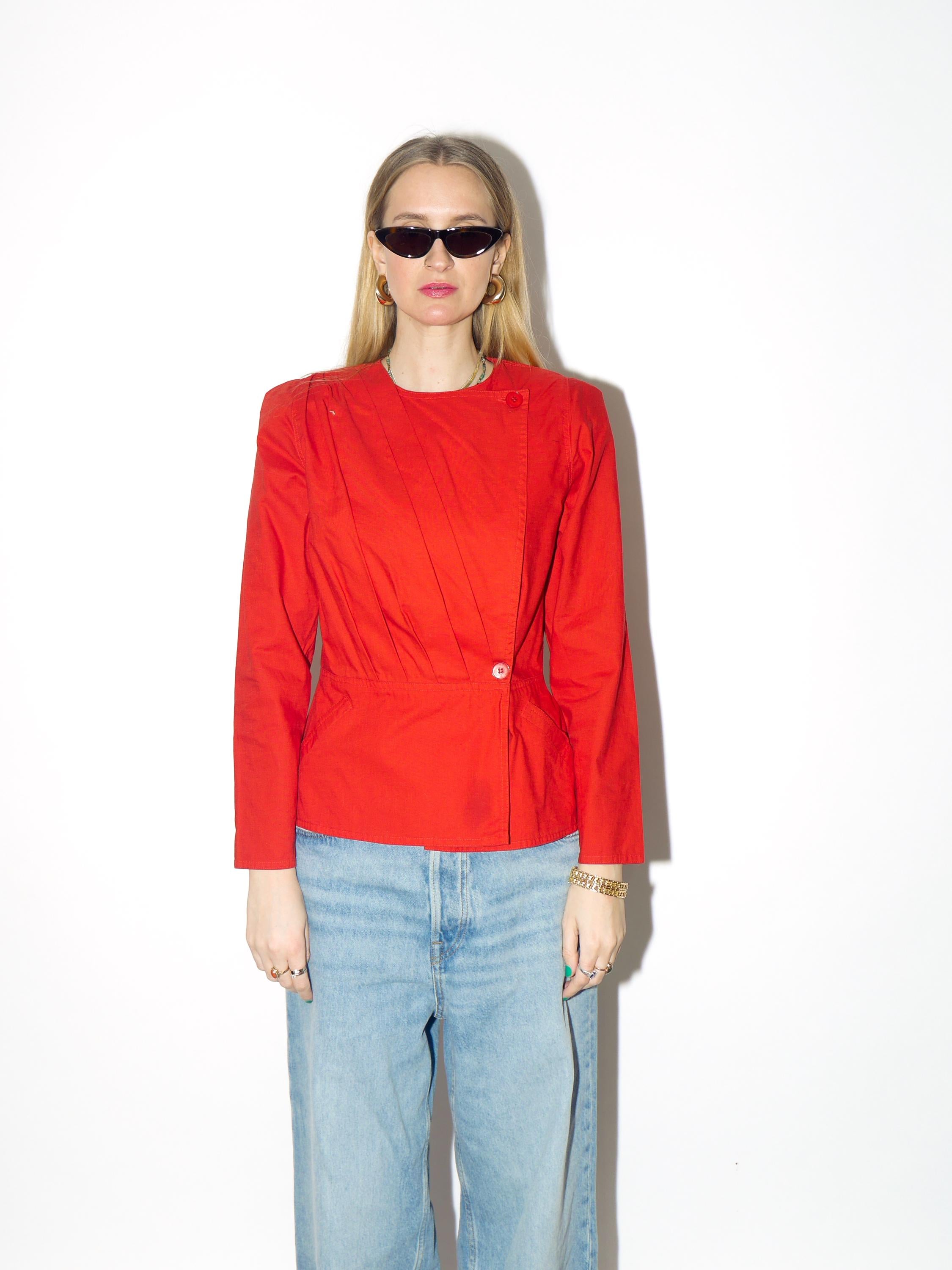 VINTAGE Cotton red blouse from 1980s with shoulder pads and peplum