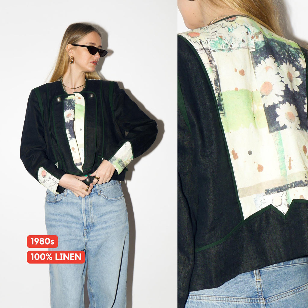 VINTAGE Navy Linen Blazer from 1980s | Cropped Folk Blazer by Studio Umberto®