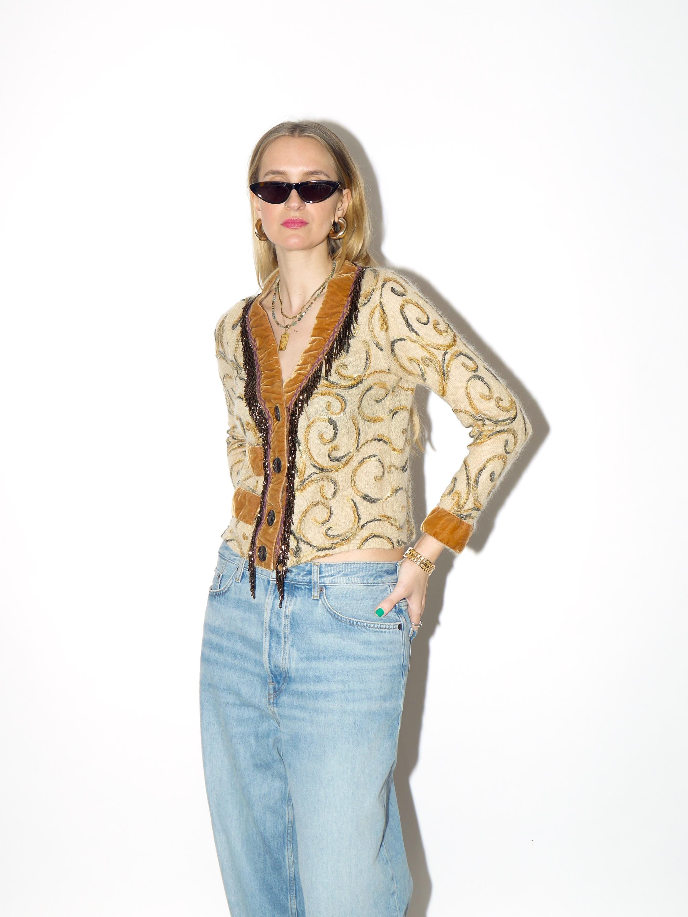 VINTAGE beige mohair cardigan from 1990s with bead embroidery, velvet elements