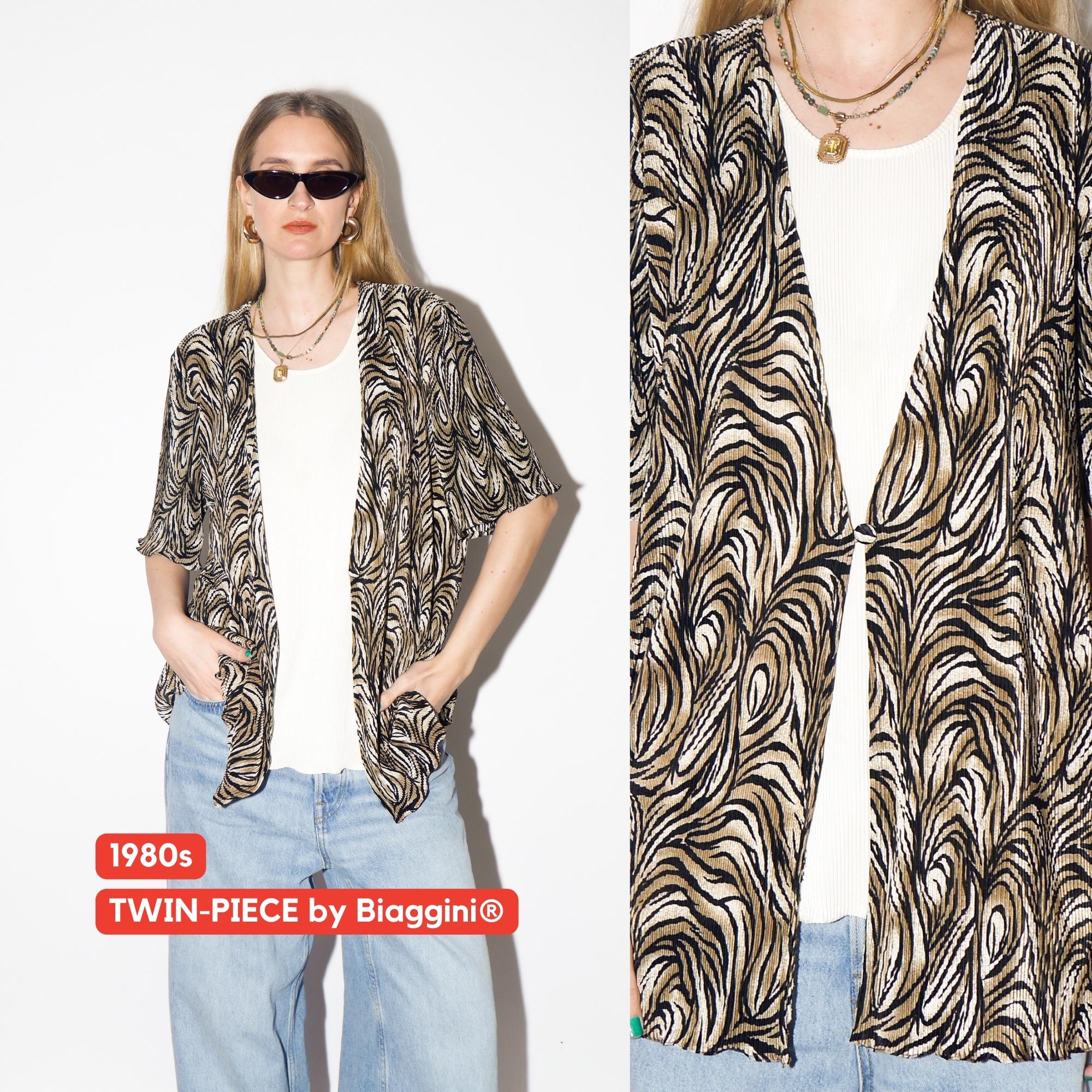 VINTAGE White and Animal Print Pleated Blouse from 1990s by Biaggini®