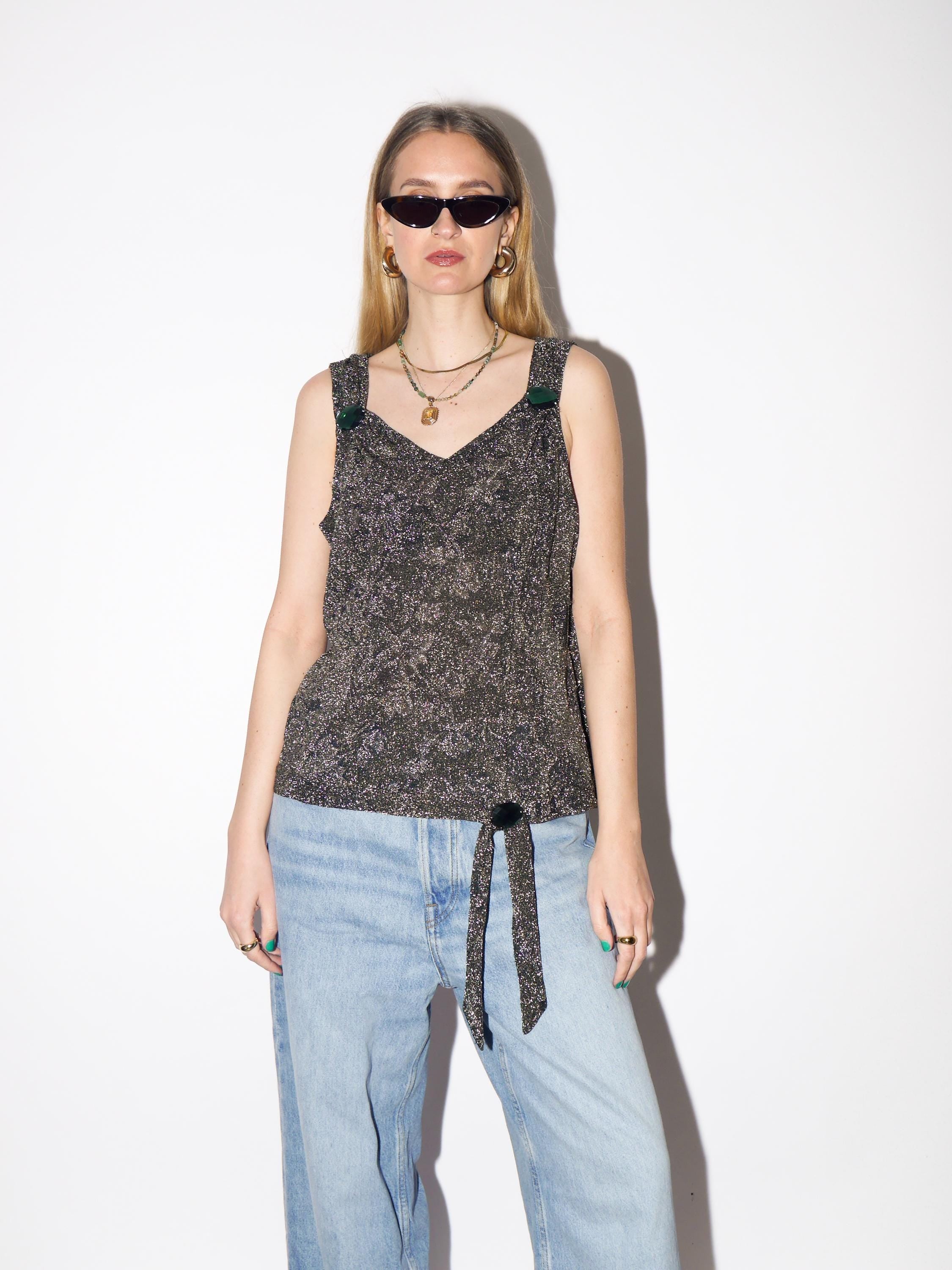 VINTAGE Metallic Glittery Sleeveless Top from 1980s | Retro Gold Silver Blouse