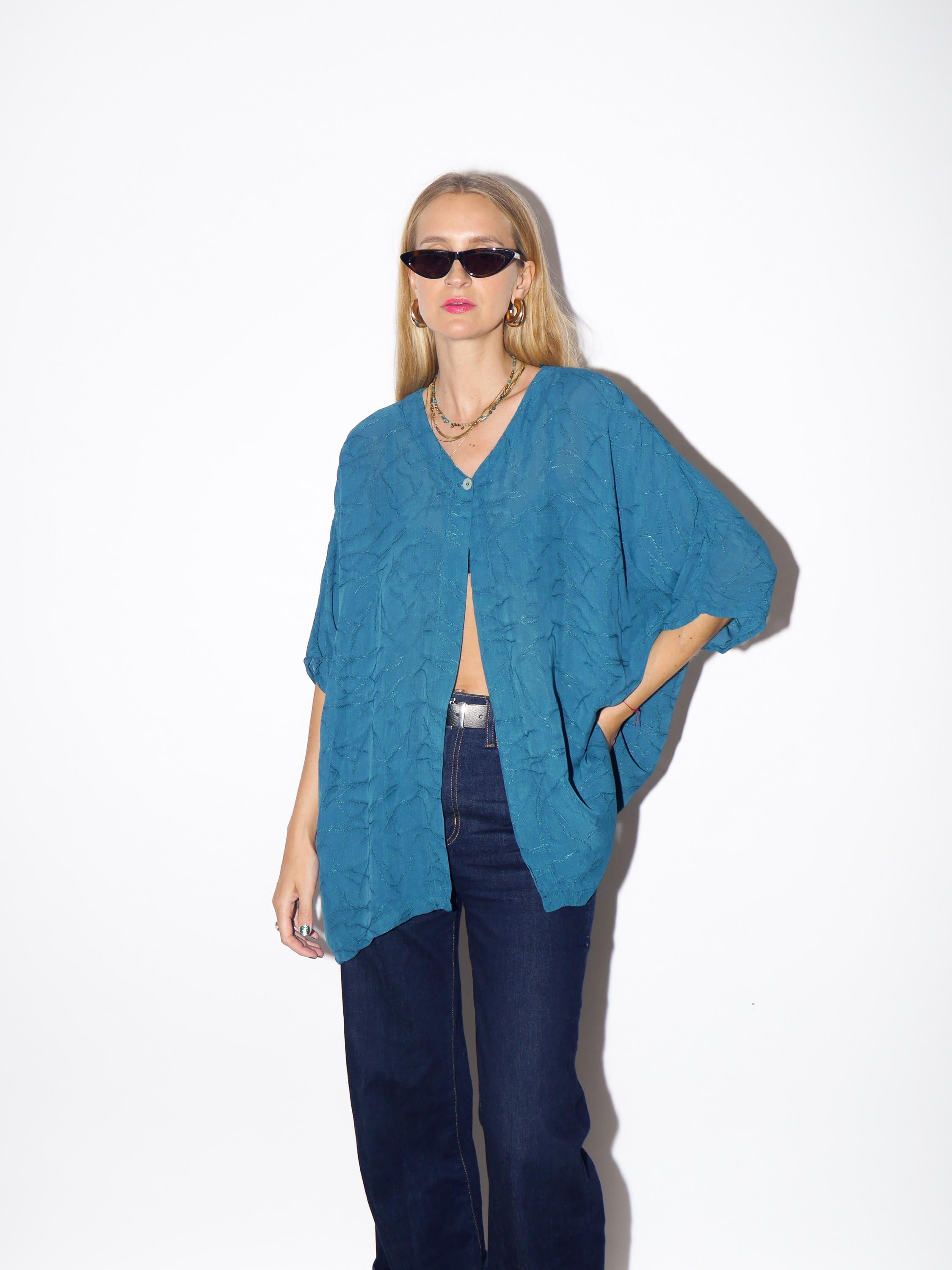 1970s Viscose Blouse - Vintage Turquoise Blue Blouse, Wavy Wrinkled Fabric Shirt, Retro Fashion Clothing for Women