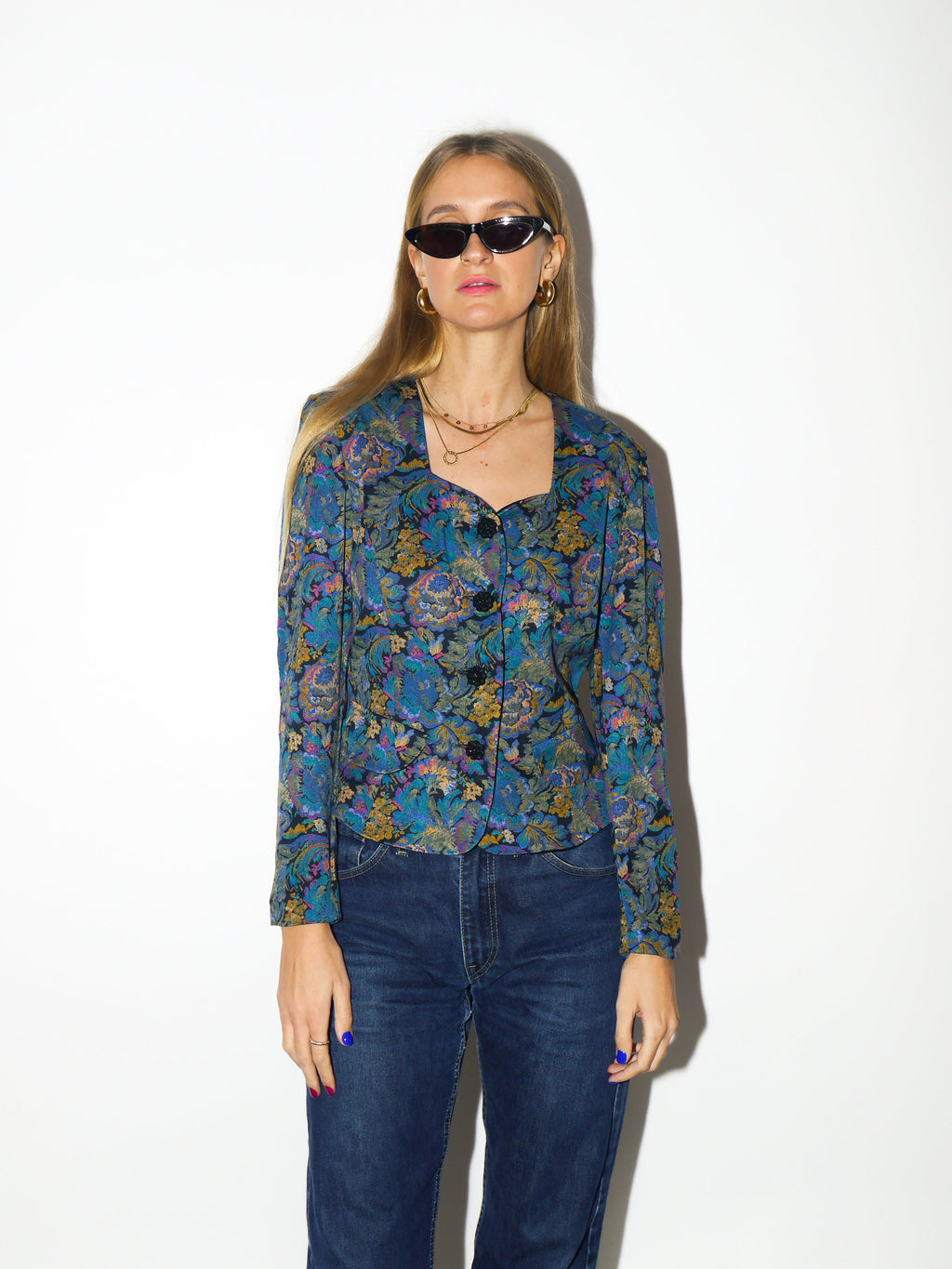 VINTAGE shirt 1980s | Topsi jacquard heart shaped neck blouse | vintage blue and yellow floral top | premium vintage blouse