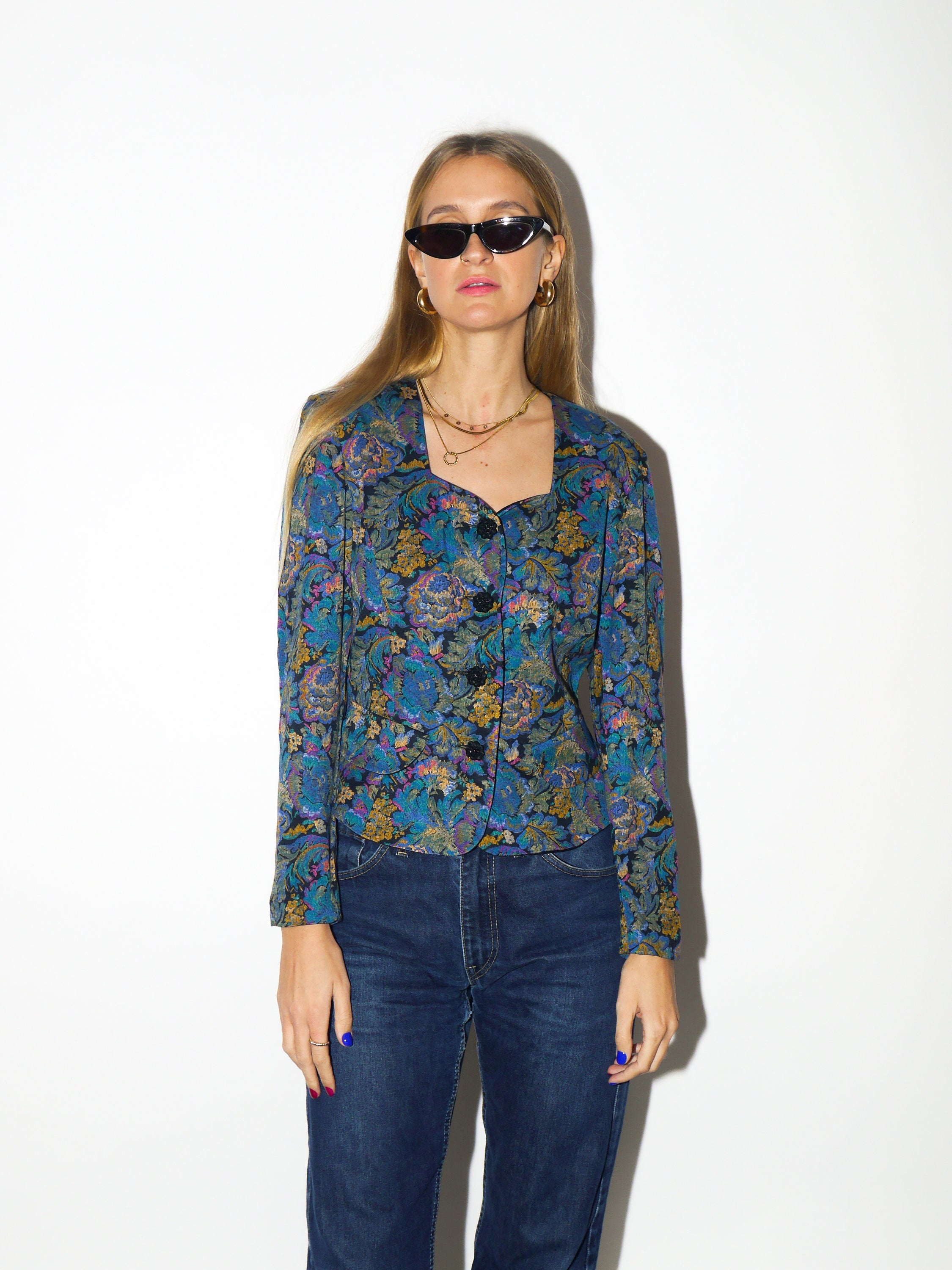 VINTAGE shirt 1980s | Topsi jacquard heart shaped neck blouse | vintage blue and yellow floral top | premium vintage blouse