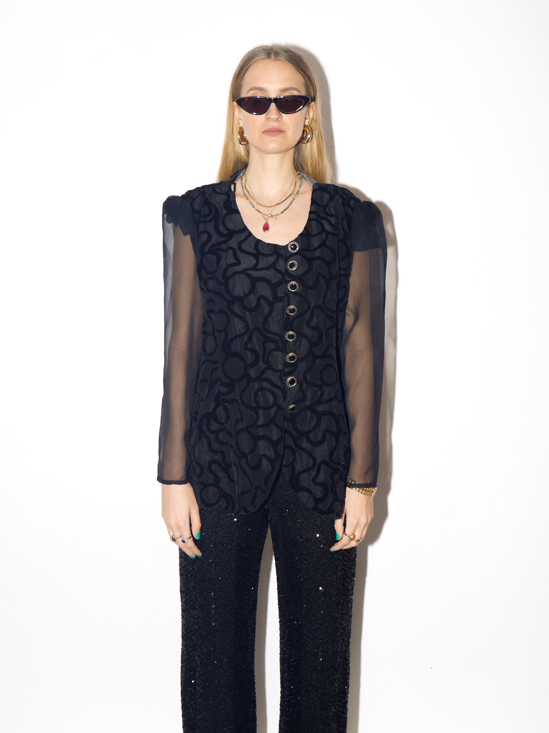 VINTAGE black blouse from 1980s with elegant sheer long sleeves & velvet pattern