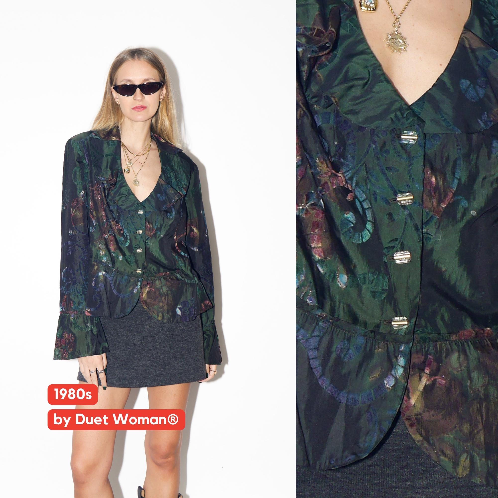 VINTAGE Bottle Green Shiny Floral Blouse From The 1980s By Duet Woman