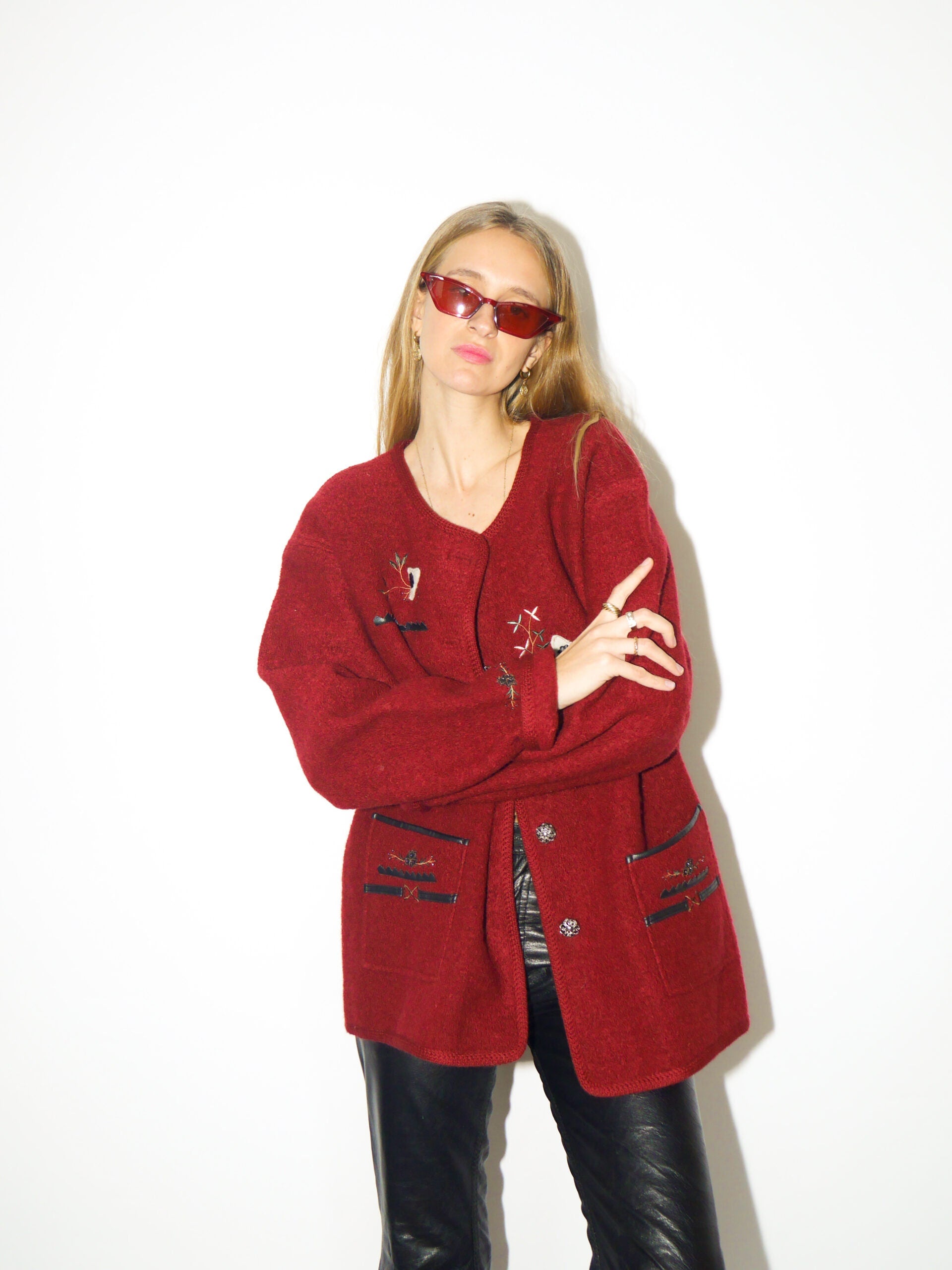 VINTAGE Wool Red Cardigan from 1980s | Warm Folk Burgundy Oversize Sweater
