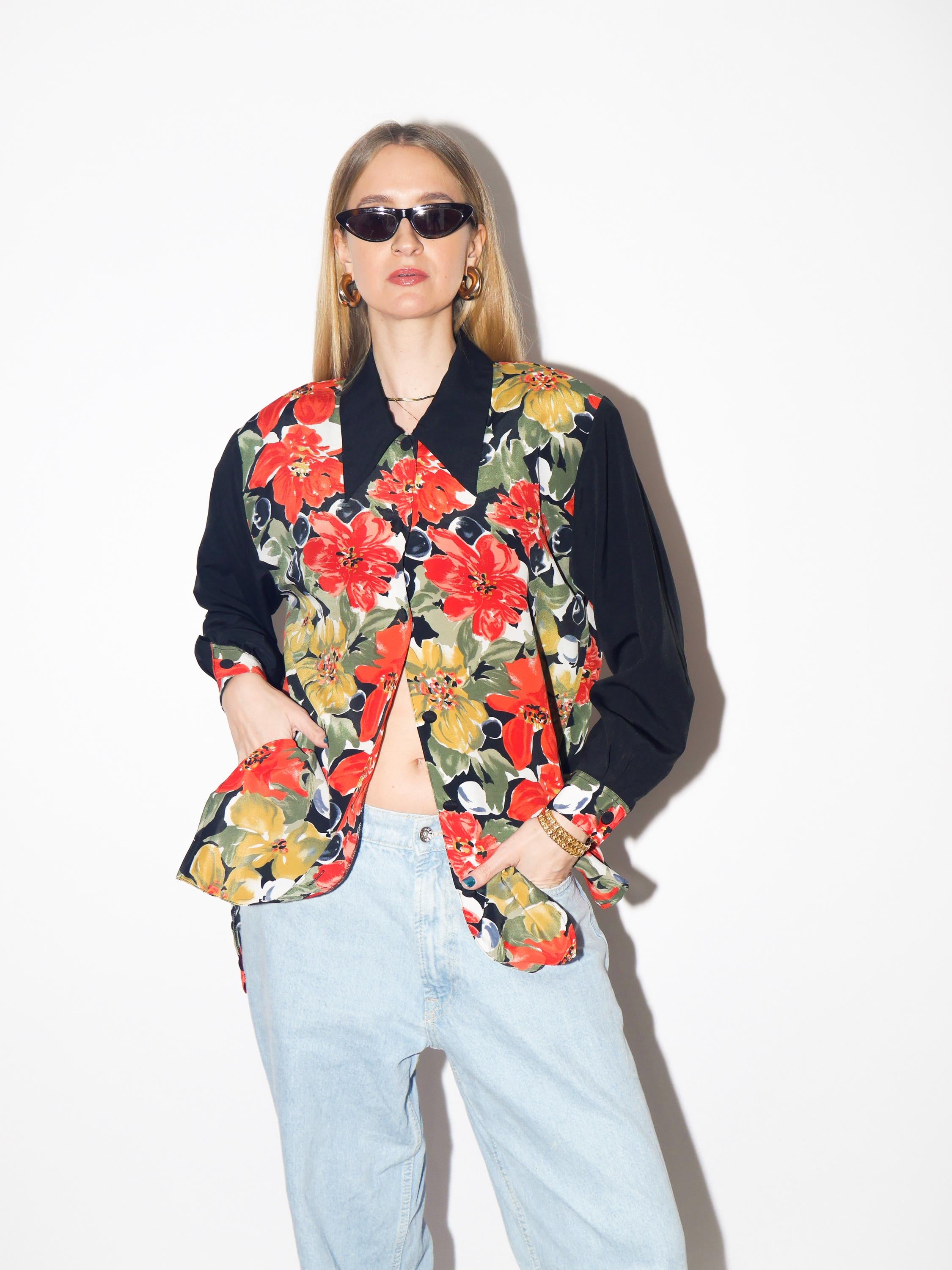 VINTAGE floral blouse from 1980s by Chris B® with black sleeves & shoulder pads