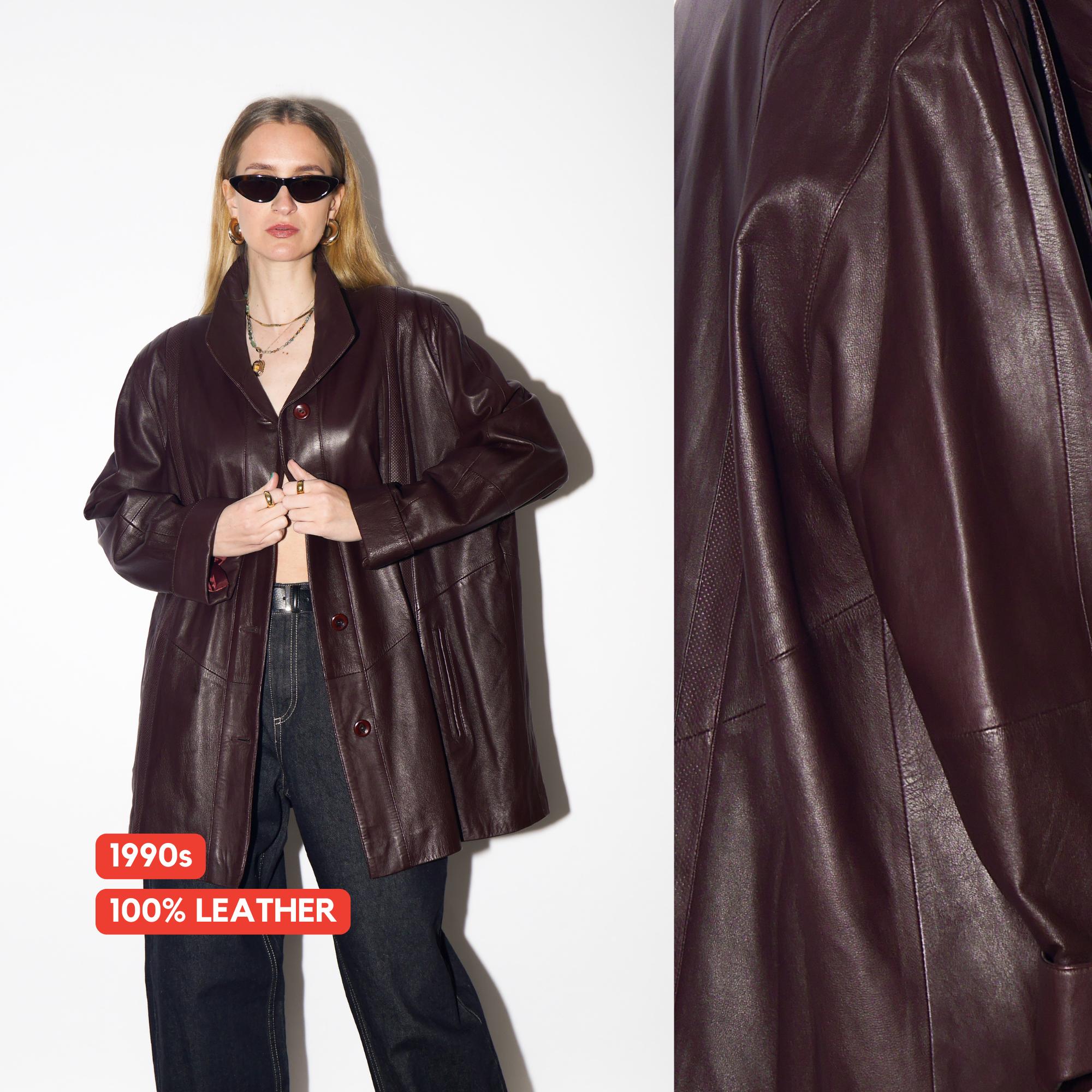 VINTAGE Burgundy Leather Jacket from 1990s | Dark Red Oversize Leather Jacket