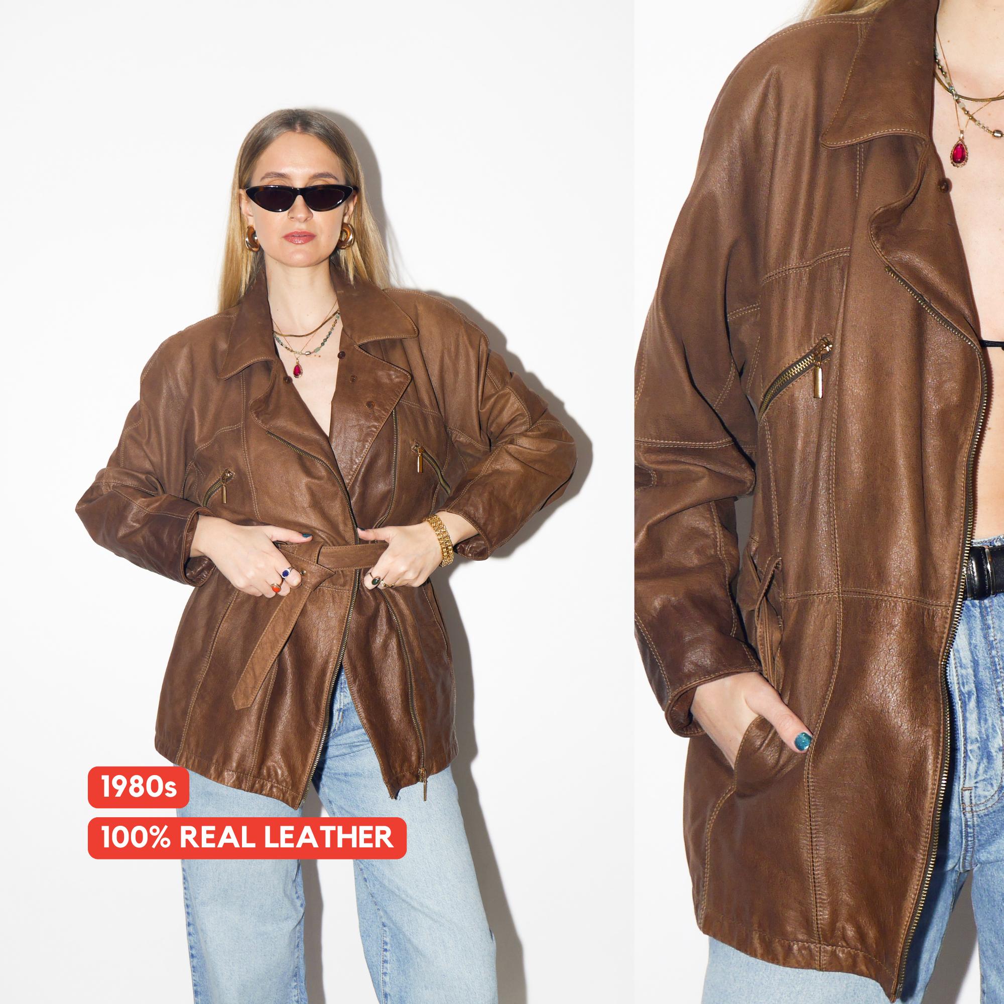 VINTAGE brown leather jacket from 1980s | soft leather bronze jacket with belt