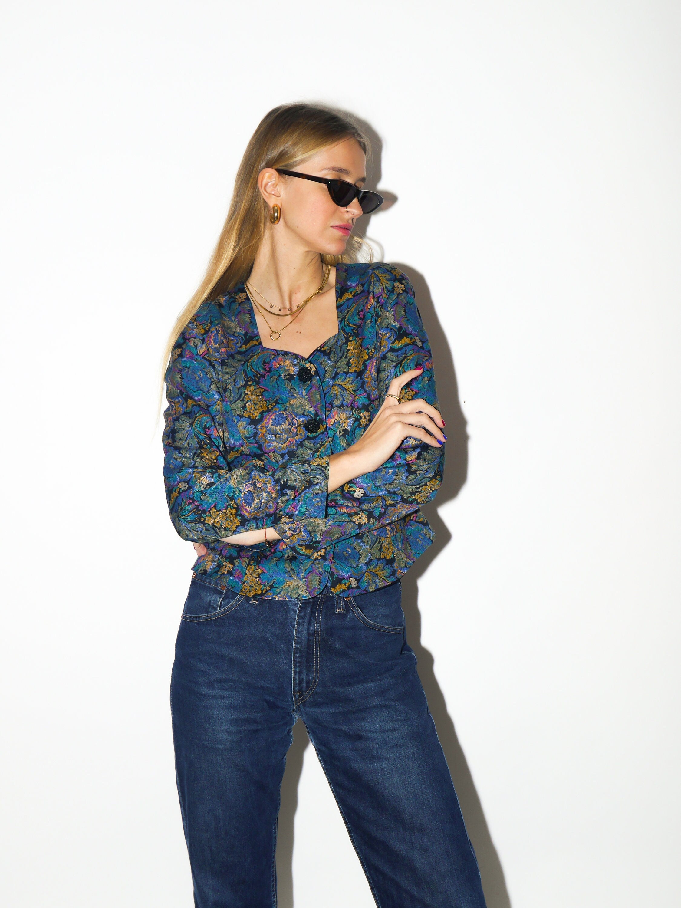 VINTAGE shirt 1980s | Topsi jacquard heart shaped neck blouse | vintage blue and yellow floral top | premium vintage blouse