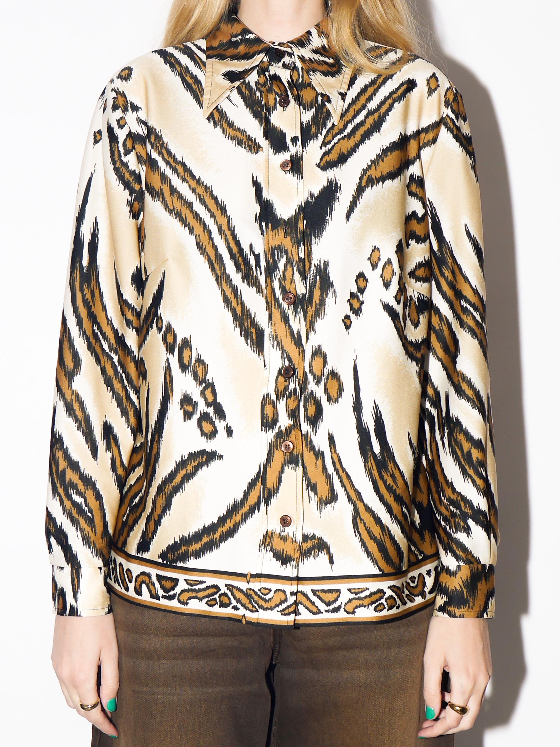 VINTAGE Beige & Brown Animal Print Blouse from 1980s | Vintage Tiger Print Shirt
