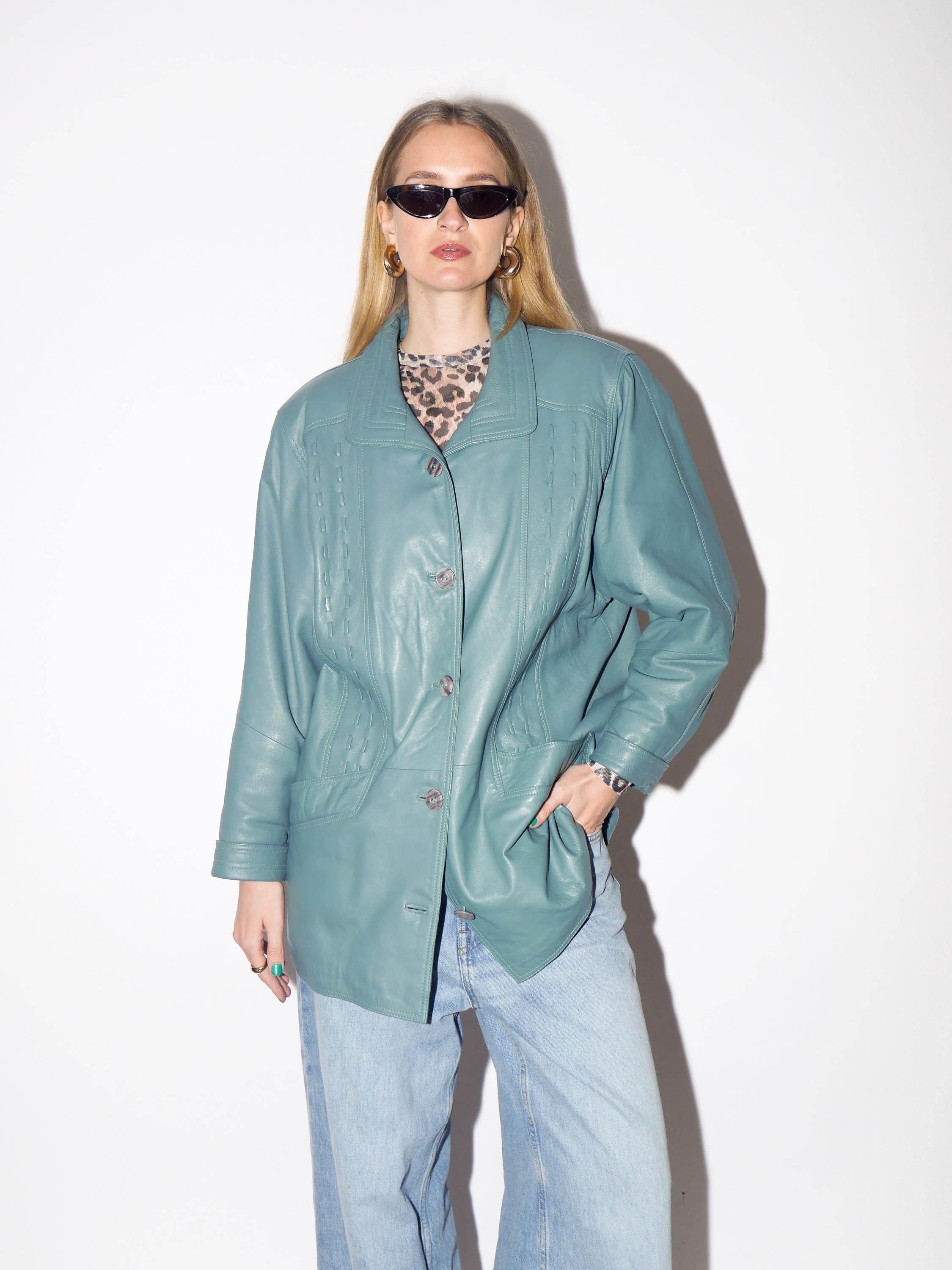 VINTAGE Blue Leather Jacket from 1990s | Oversize Blue Leather Jacket