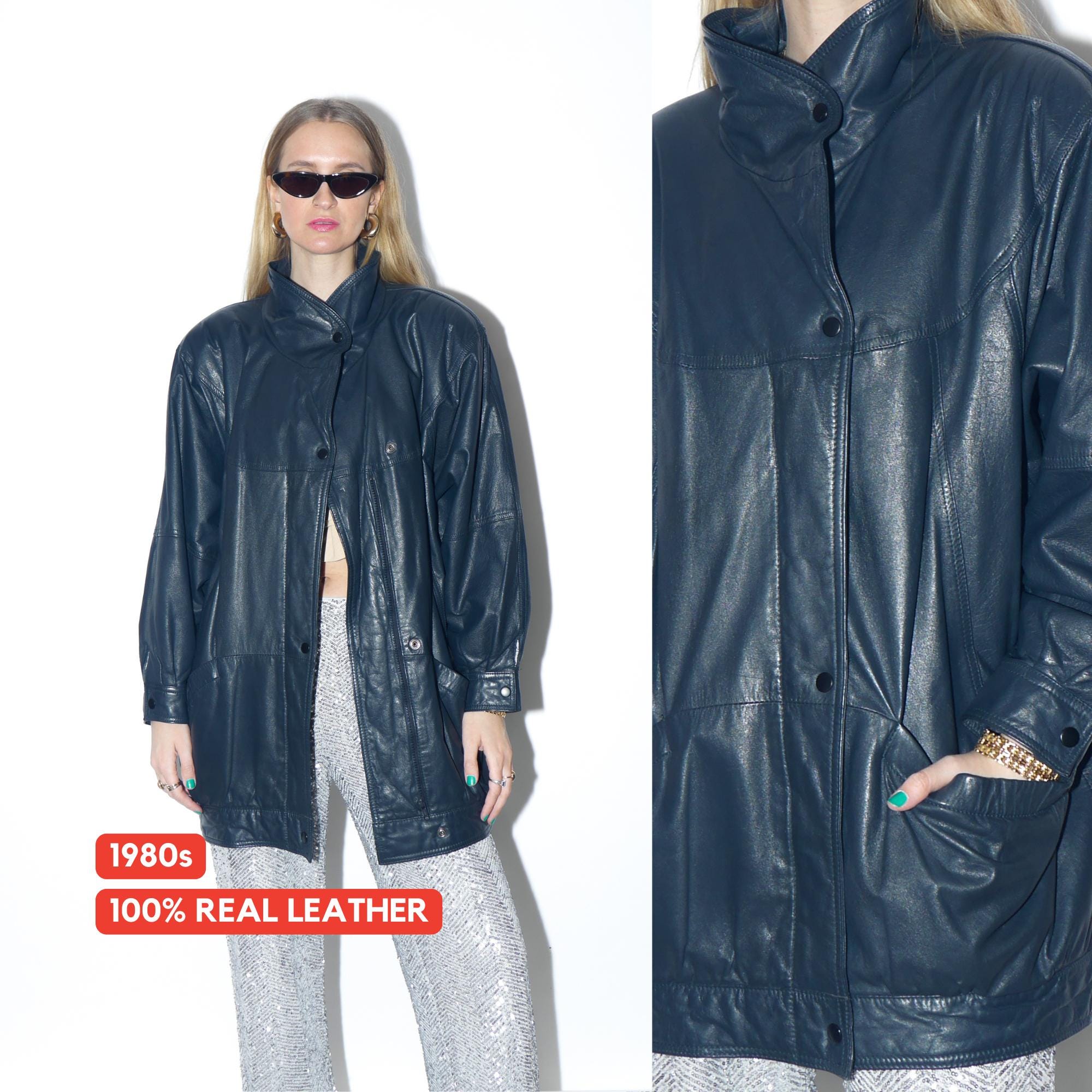 VINTAGE navy leather jacket from 1980s in oversize fit with stand-up collar