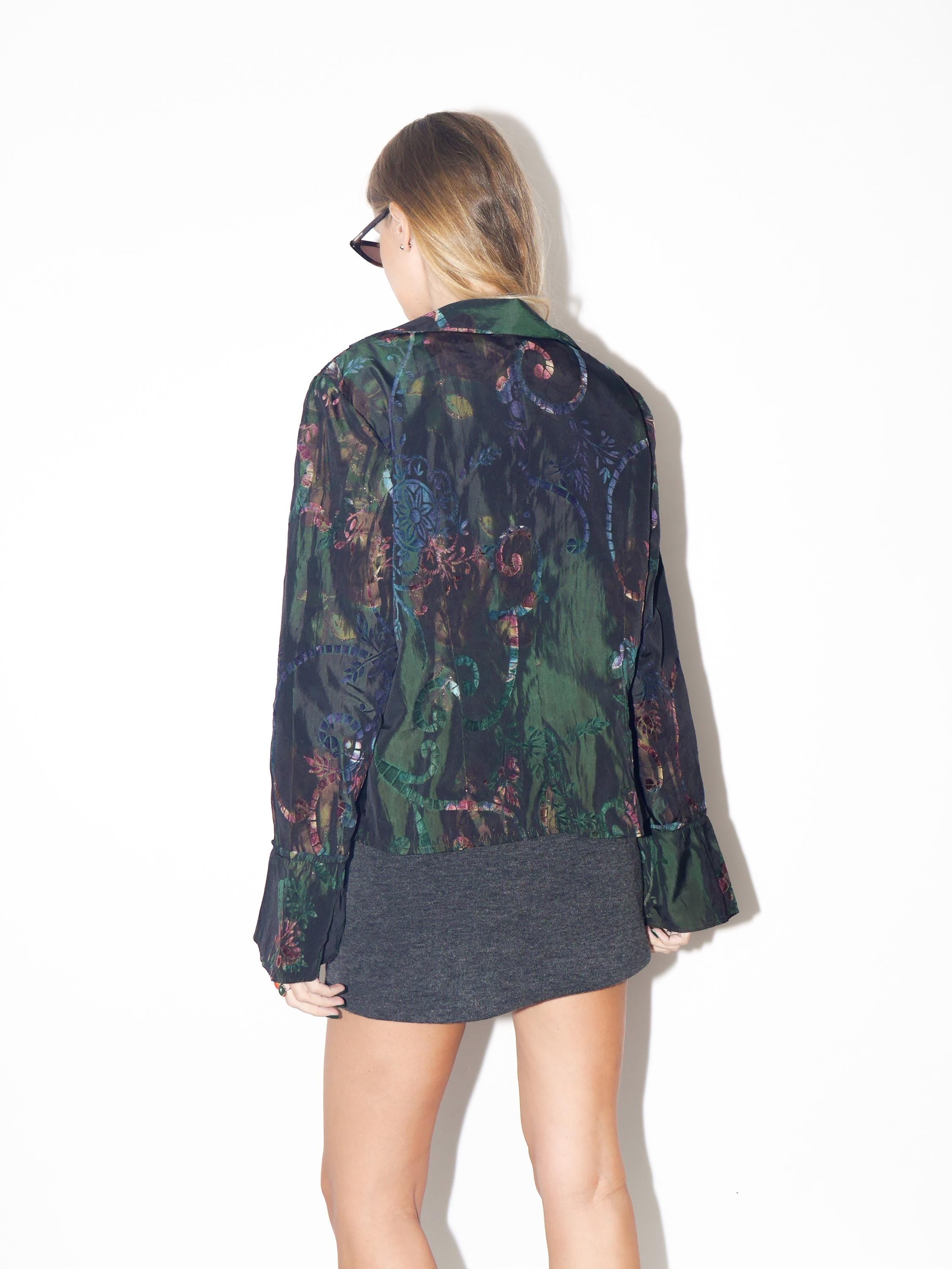 VINTAGE Bottle Green Shiny Floral Blouse From The 1980s By Duet Woman