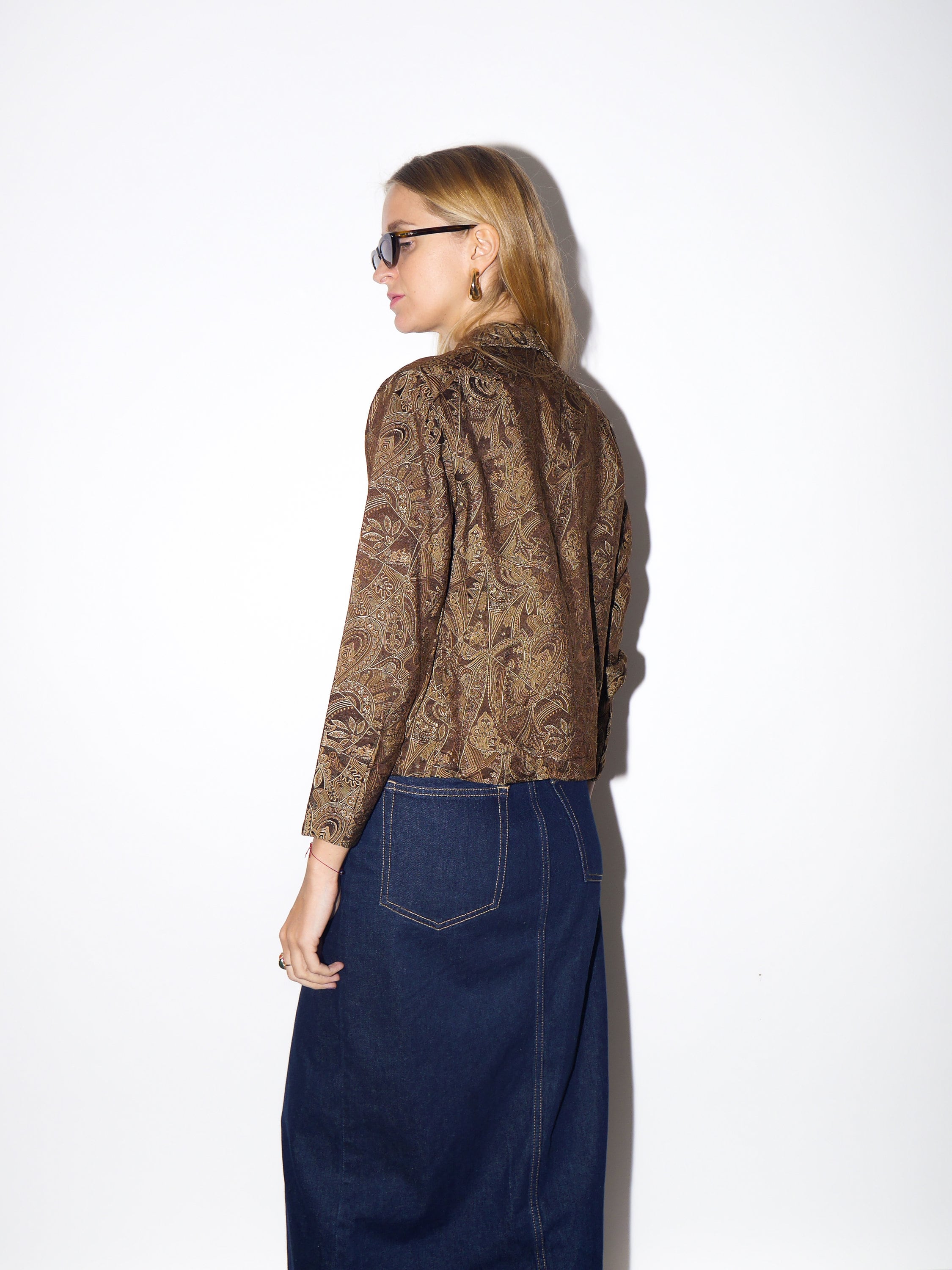 VINTAGE brown patterned silk jacket blouse blazer | handmade from 1980s | premium quality retro jacket blouse style with creamy lining
