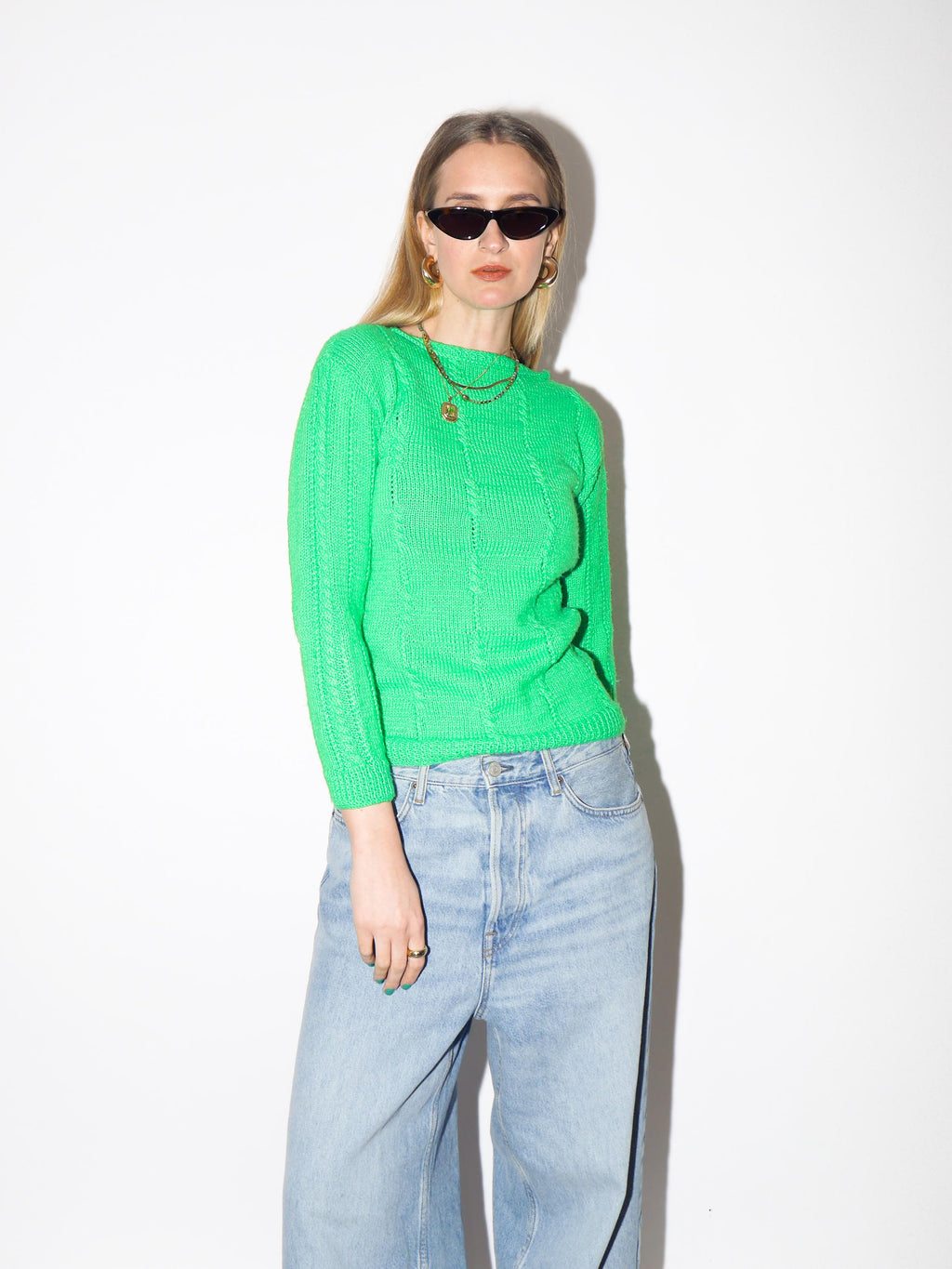 VINTAGE Neon Green Hand Knitted Sweater from 1990s |  Handmade Sweater