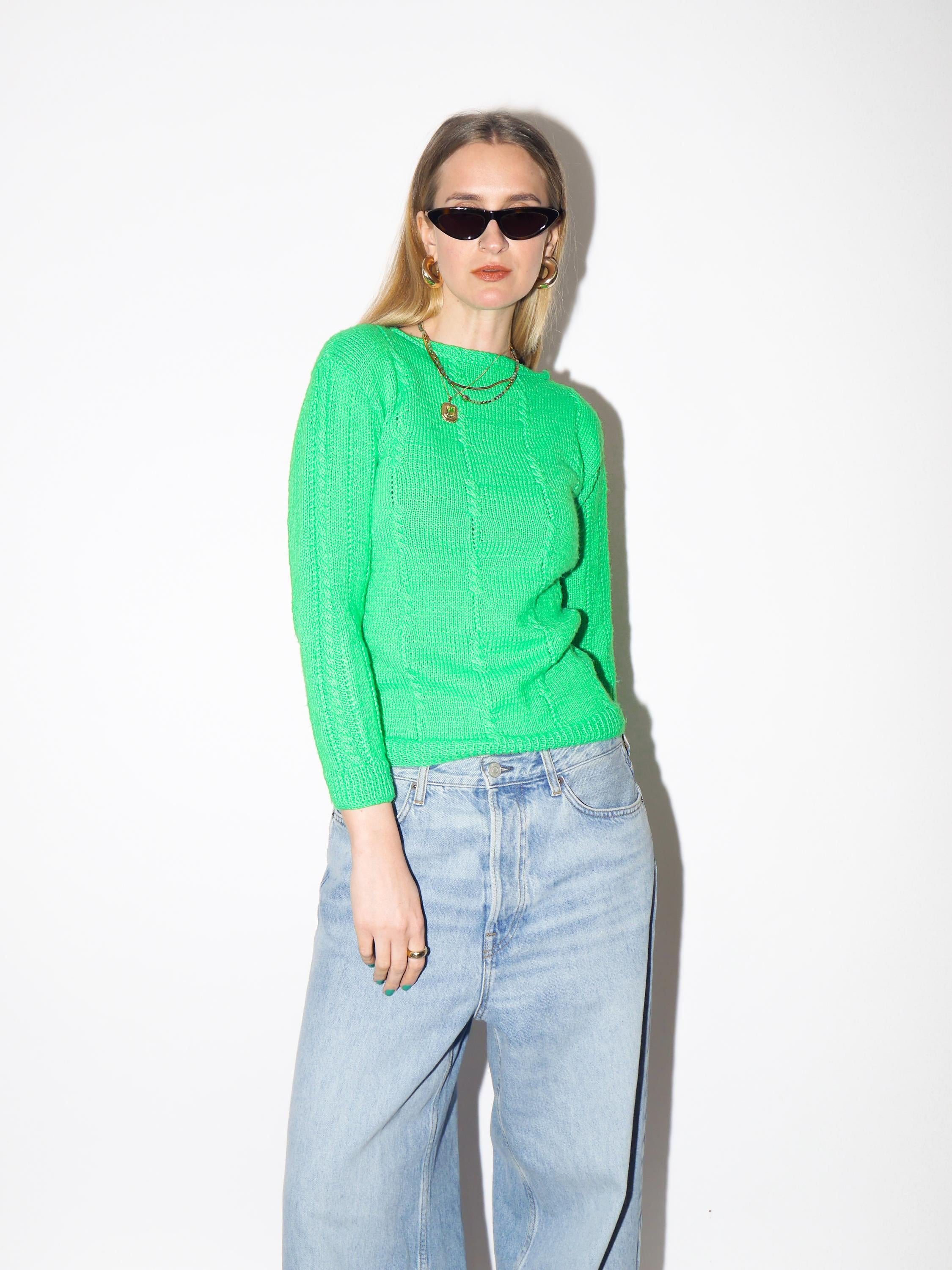 VINTAGE Neon Green Hand Knitted Sweater from 1990s |  Handmade Sweater