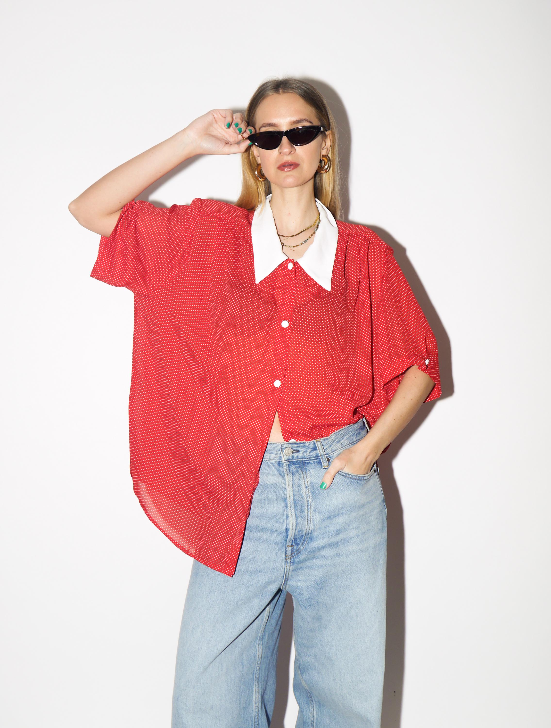 VINTAGE Red Polka Dot Blouse from 1980s | Oversized Short Sleeve Retro Shirt