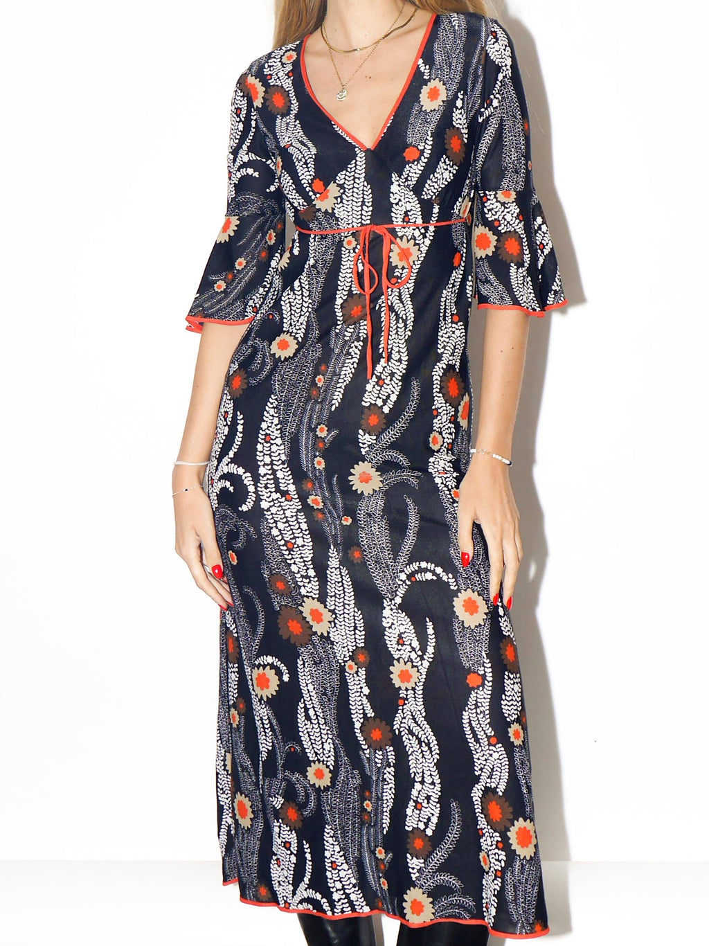 VINTAGE Black And Orange Floral Midi Dress With Ruffle Sleeves From The 1970s