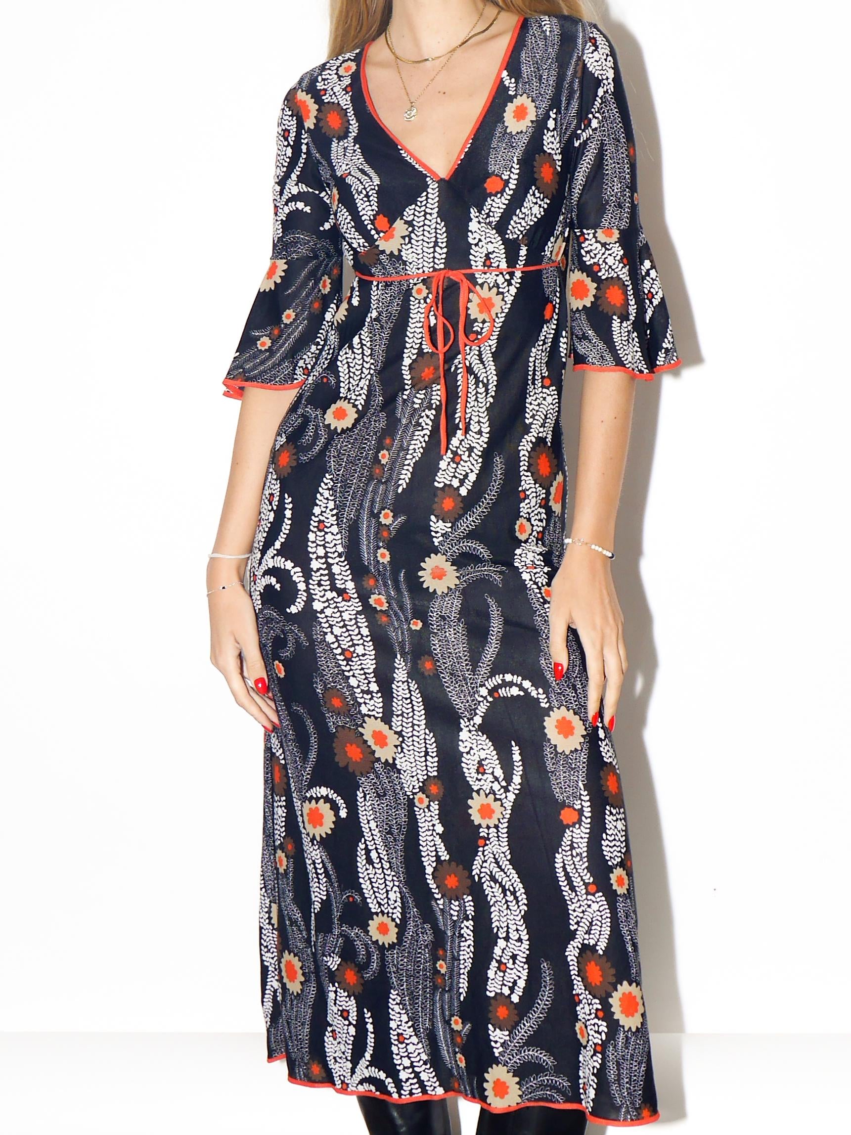 VINTAGE Black And Orange Floral Midi Dress With Ruffle Sleeves From The 1970s
