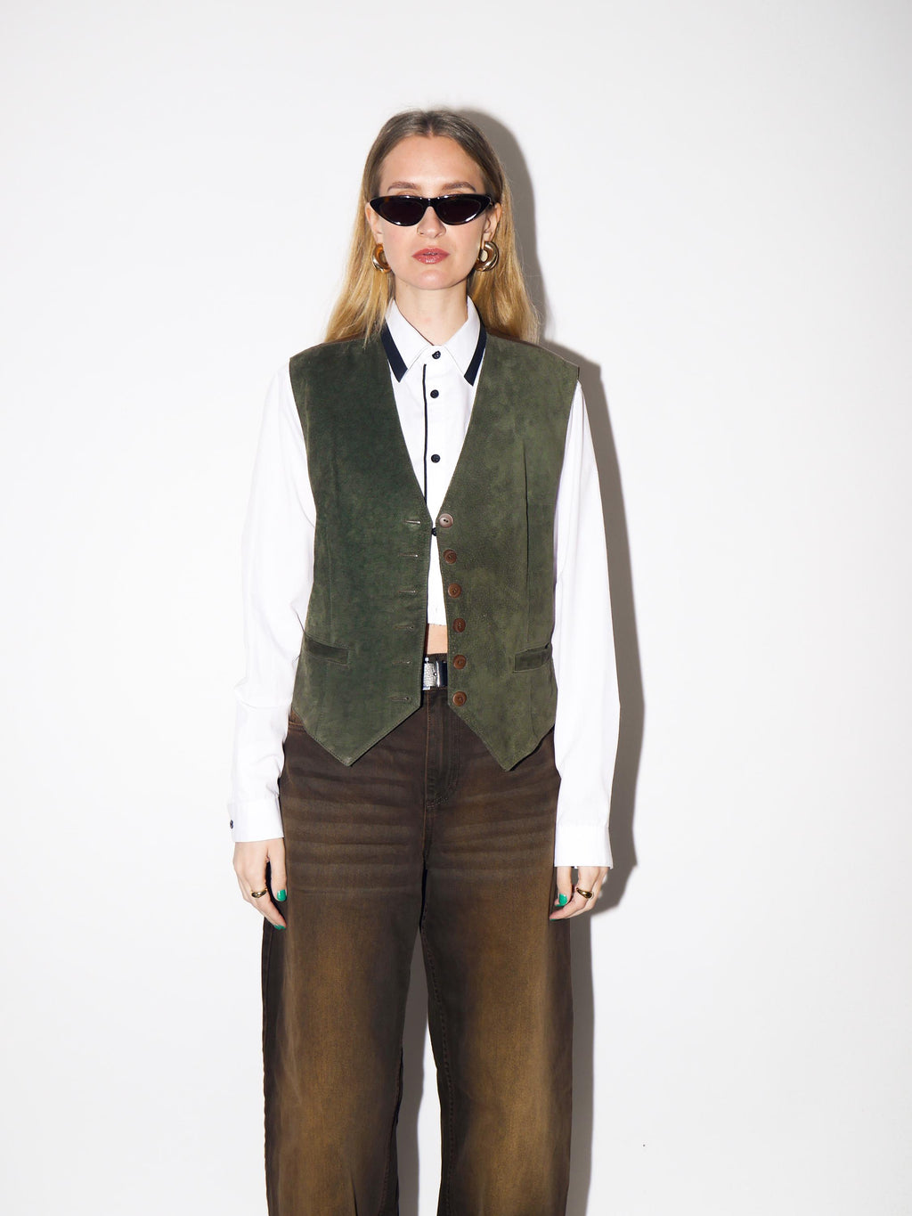 VINTAGE Bottle Green Suede Leather Vest from 1980s by Kippie®