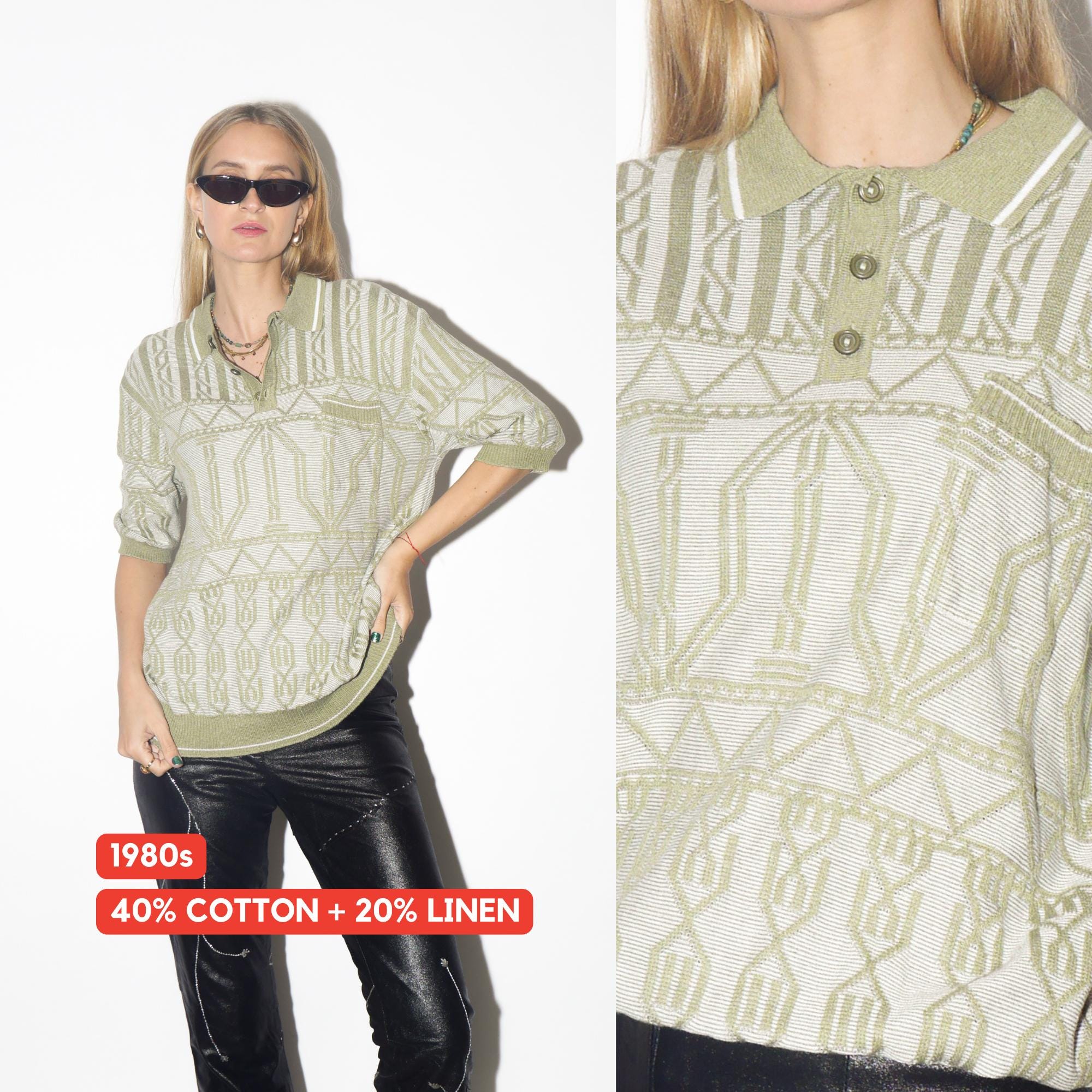 VINTAGE knitted polo shirt from 1980s from Cotton & linen blend pistachio green
