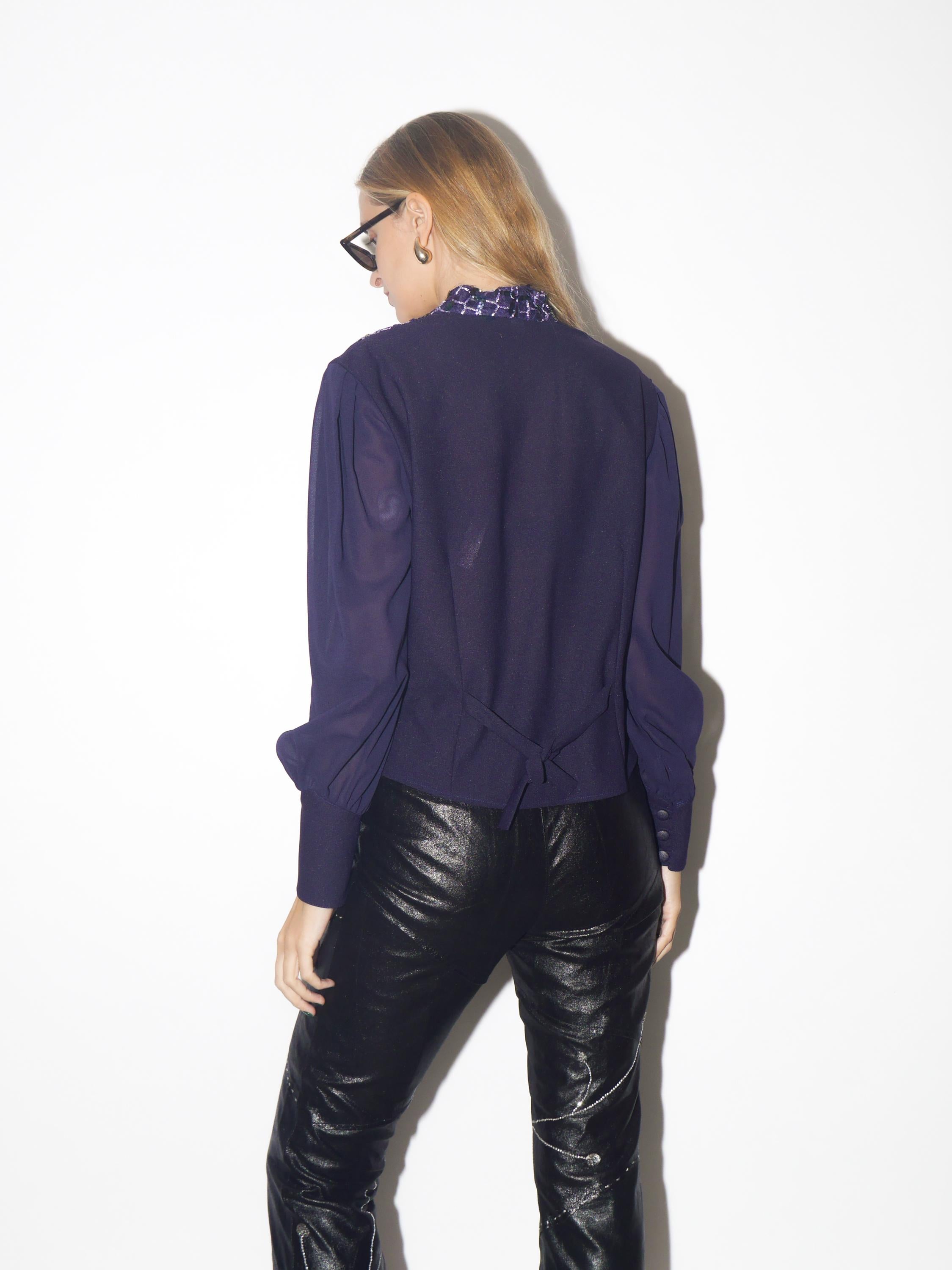 VINAGE purple blouse from 1980s with sequins and long sheer puffer sleeves