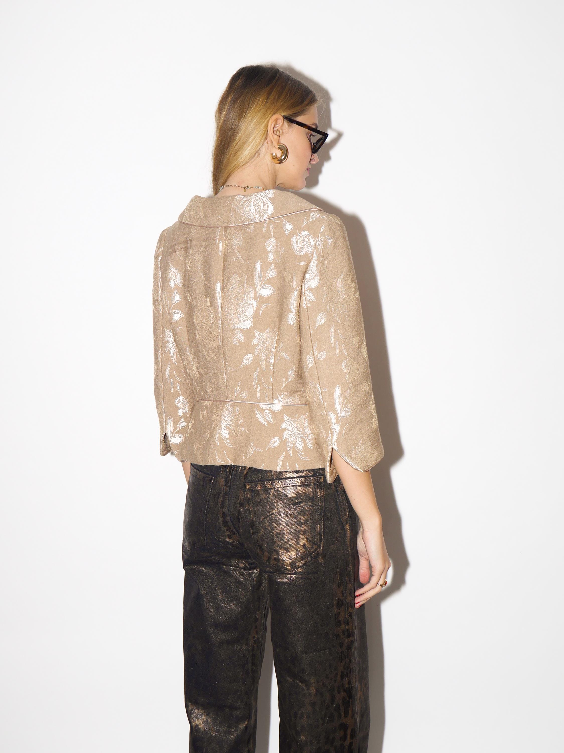 VINTAGE blazer in beige jacquard with shiny floral embroidery from 1980s